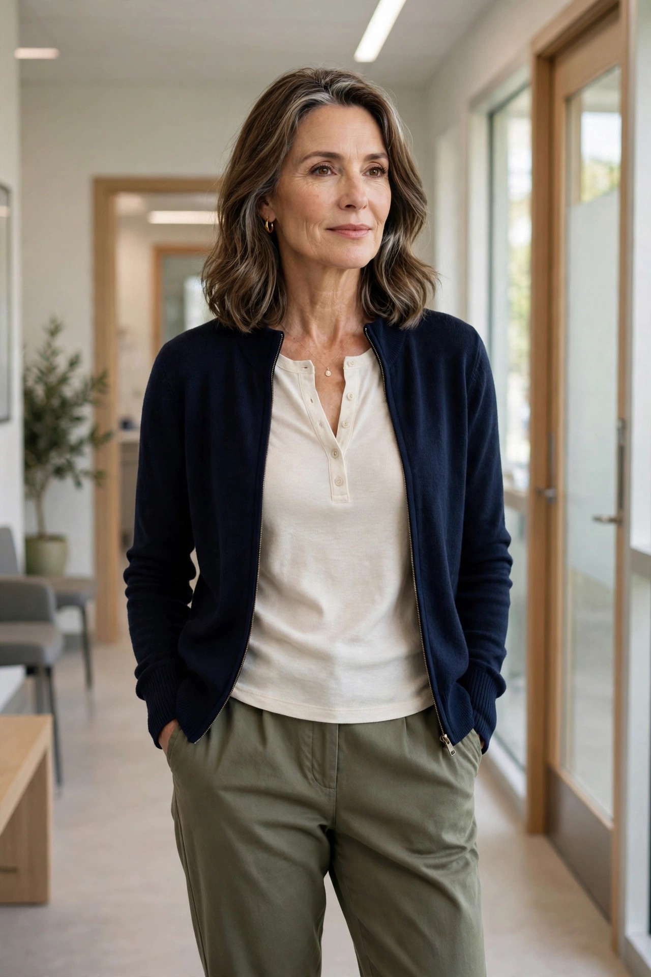 Woman over 50 in olive chinos with a cream henley and navy zip cardigan