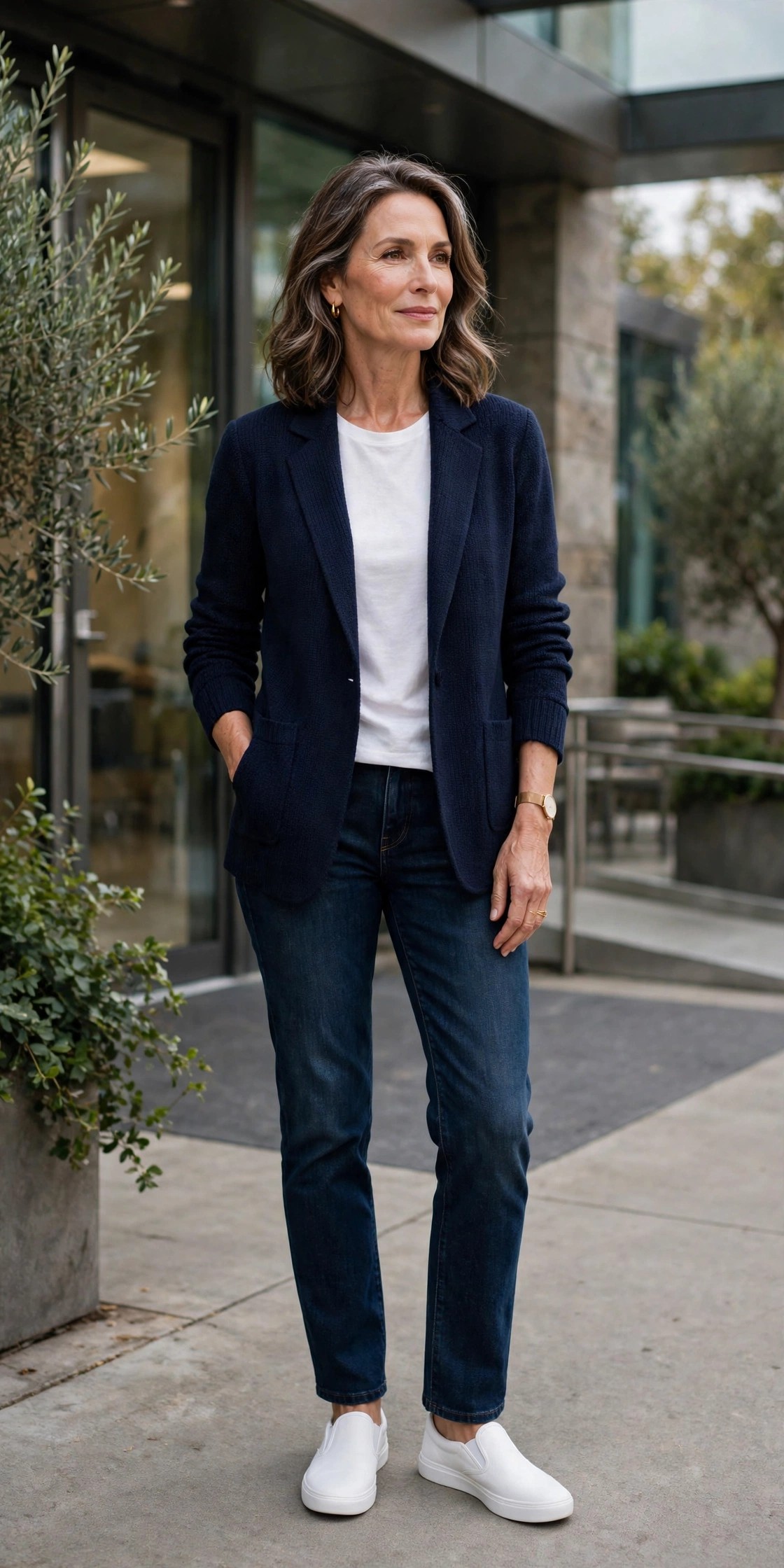 Woman over 50 wearing dark jeans with a navy knit blazer and white sneakers