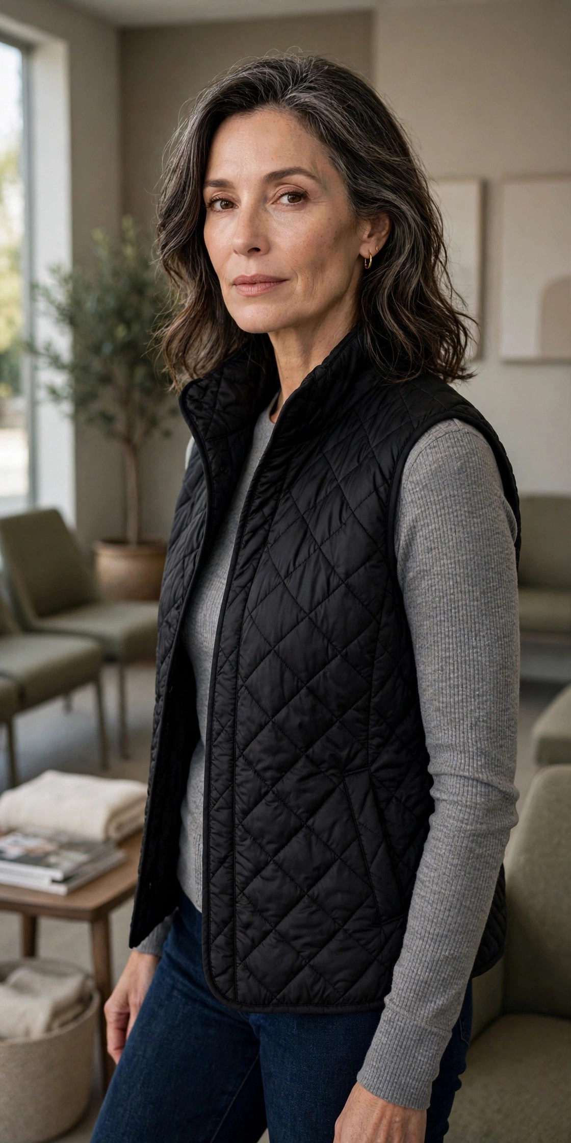 Woman over 50 in a black quilted vest over a gray thermal top with jeans