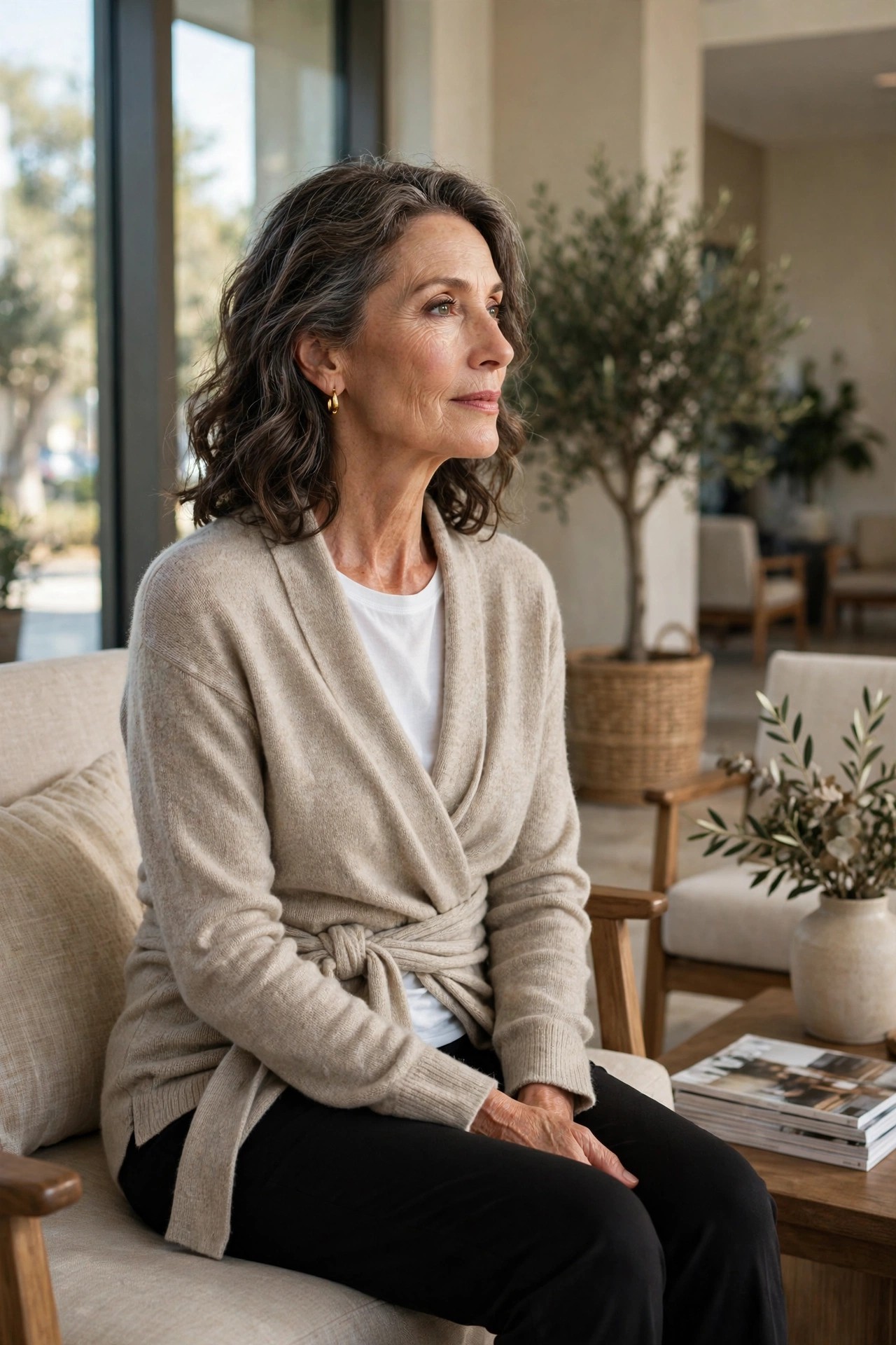 Woman over 50 wearing an oatmeal wrap cardigan with a white tee and ankle pants