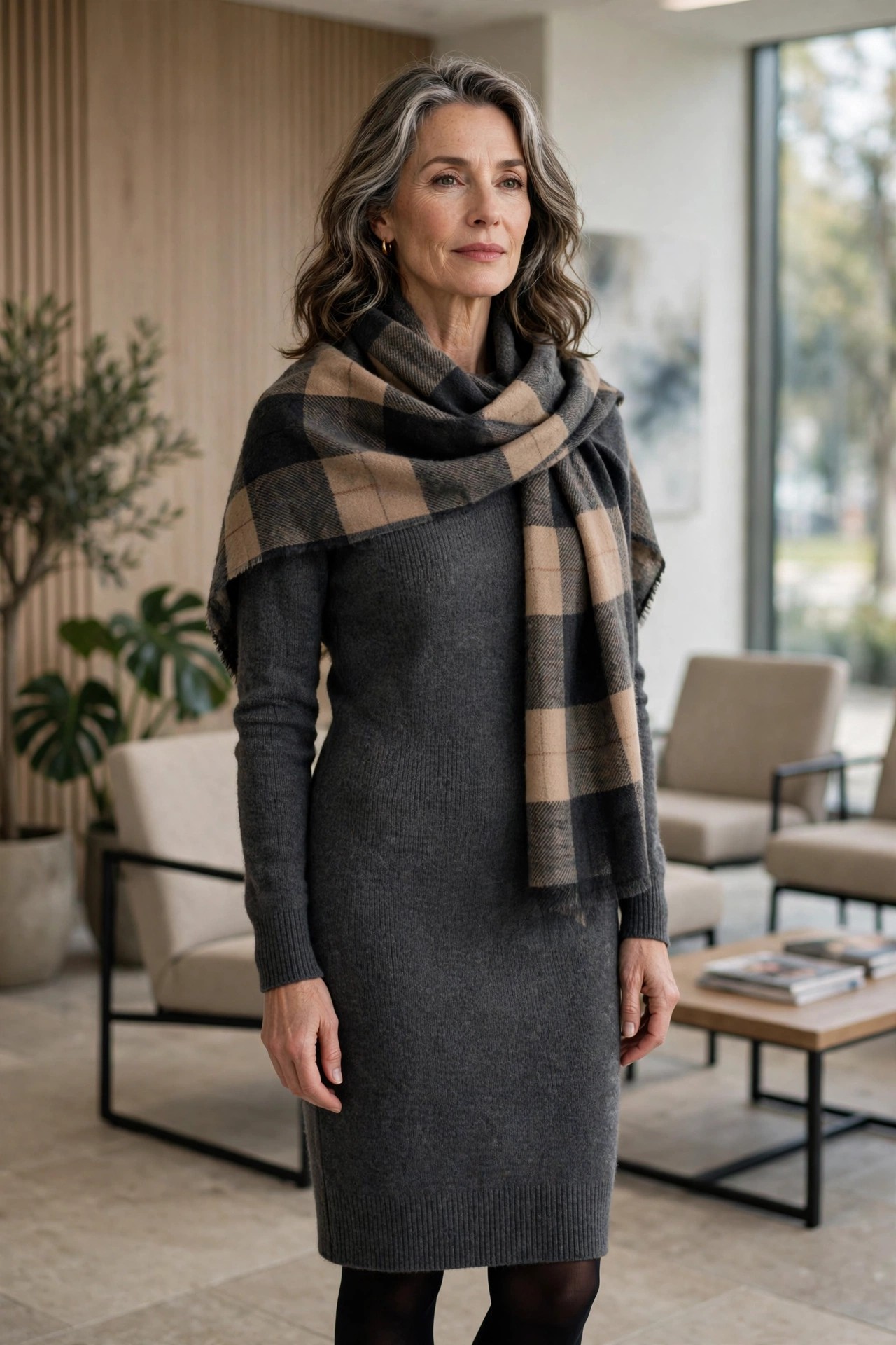 Woman over 50 in a charcoal sweater dress with a plaid oversized scarf