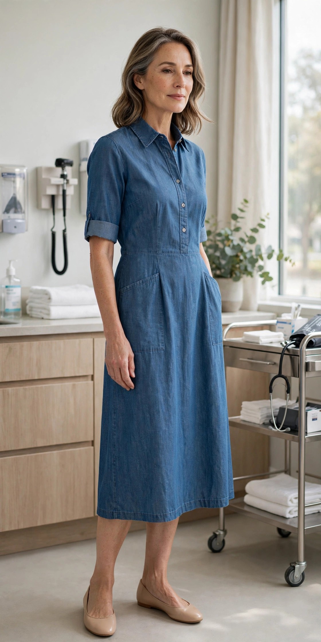 Woman over 50 wearing a chambray button-front midi dress with ballet flats