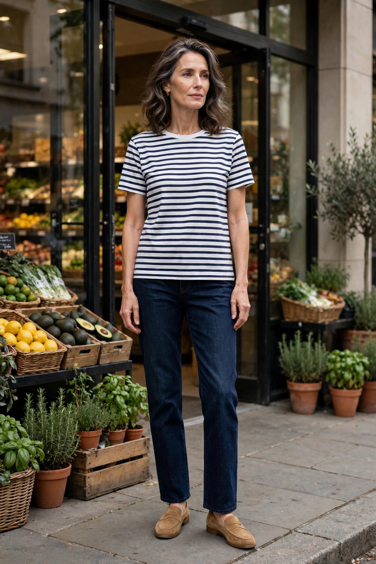Woman over 50 in dark straight-leg jeans with a Breton striped tee and loafers