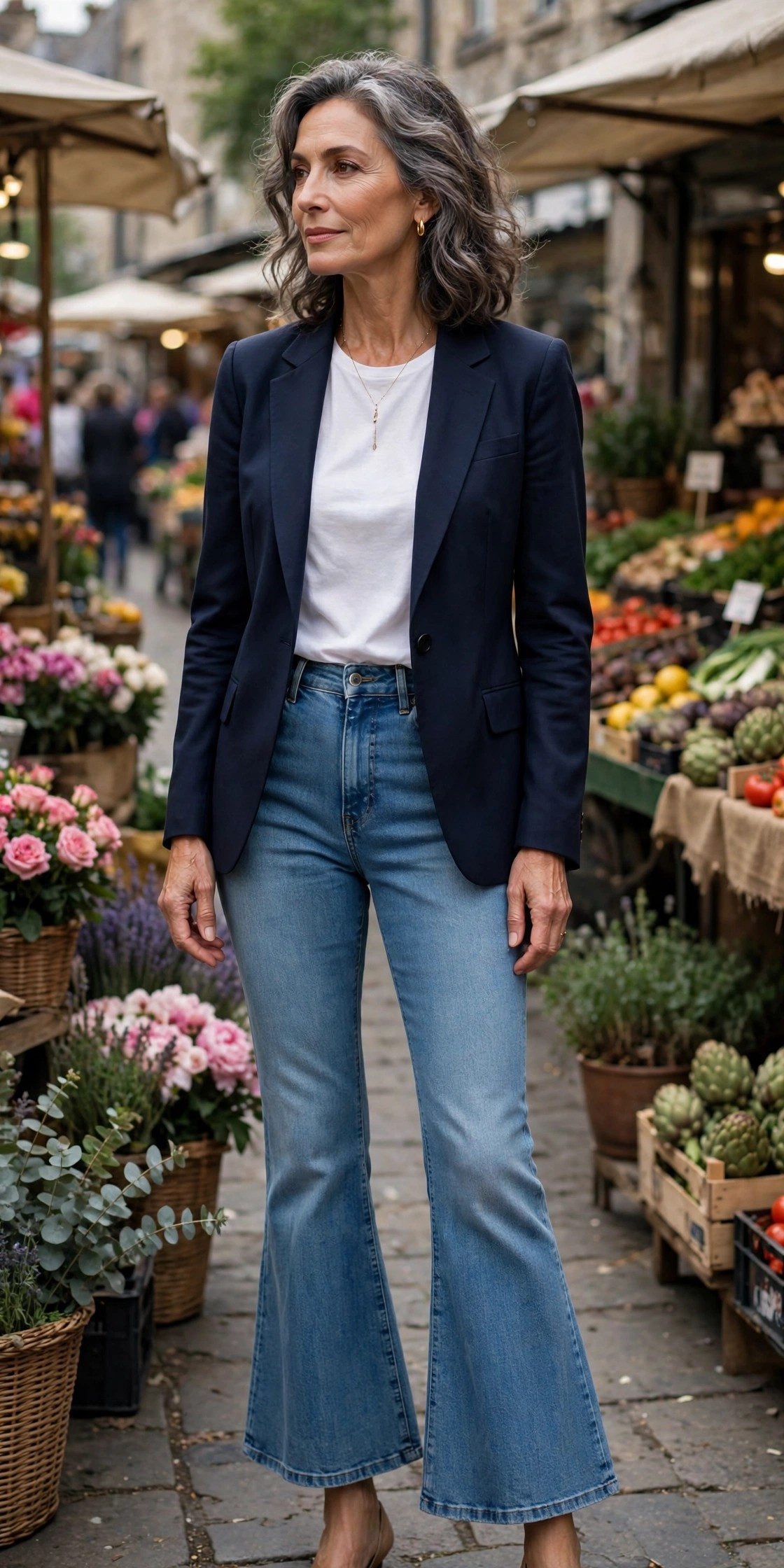 Woman over 50 wearing cropped flare jeans with a white tee and navy blazer