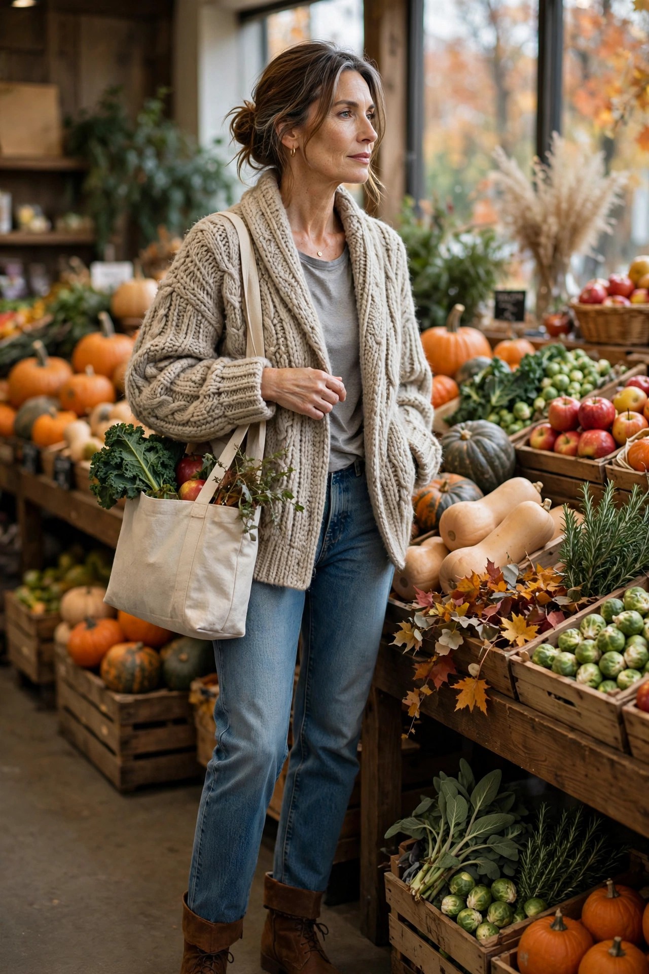 Woman over 50 in an oatmeal chunky cardigan with jeans and ankle boots