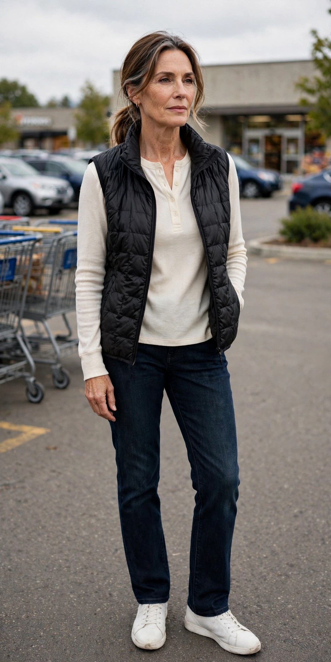 Woman over 50 wearing a black puffer vest with a cream henley and dark jeans
