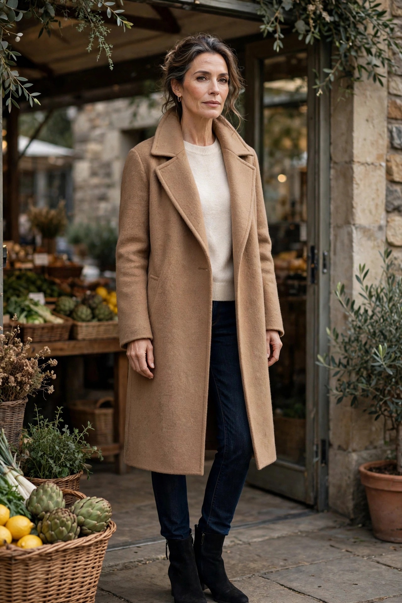 Woman over 50 in a camel coat with a cream sweater and dark jeans