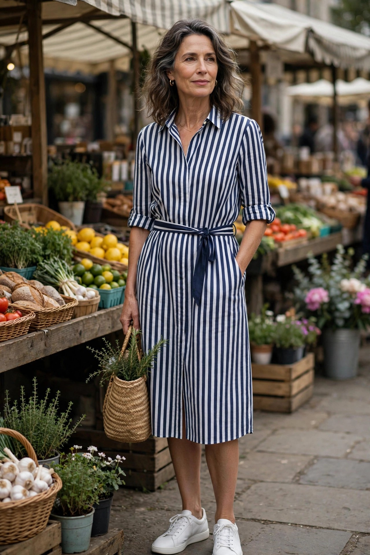 Woman over 50 wearing a navy-striped shirt dress with white sneakers