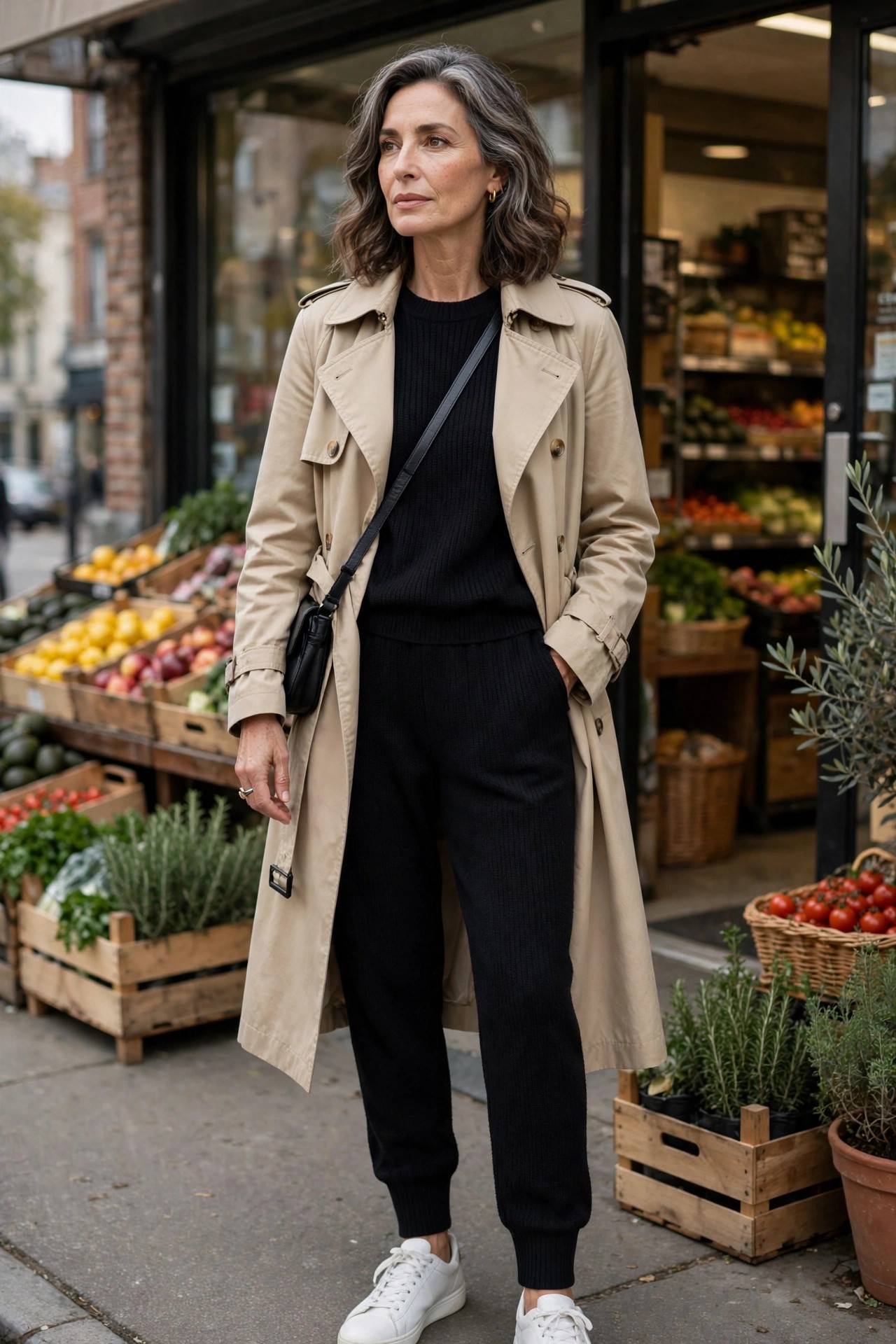 Woman over 50 in a black knit jogger set with a beige trench coat