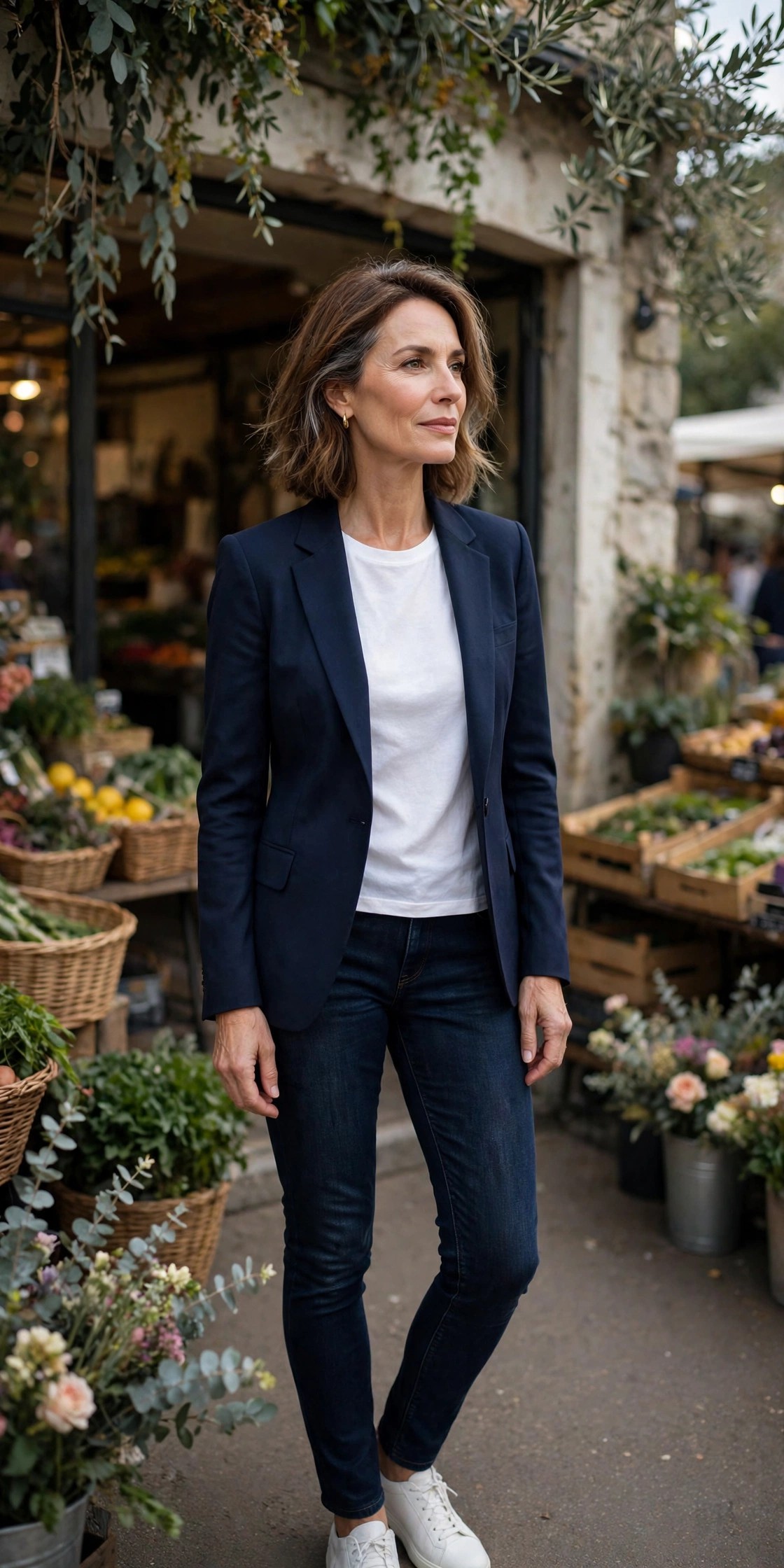 Woman over 50 in a navy blazer with a white tee, jeans and white sneakers