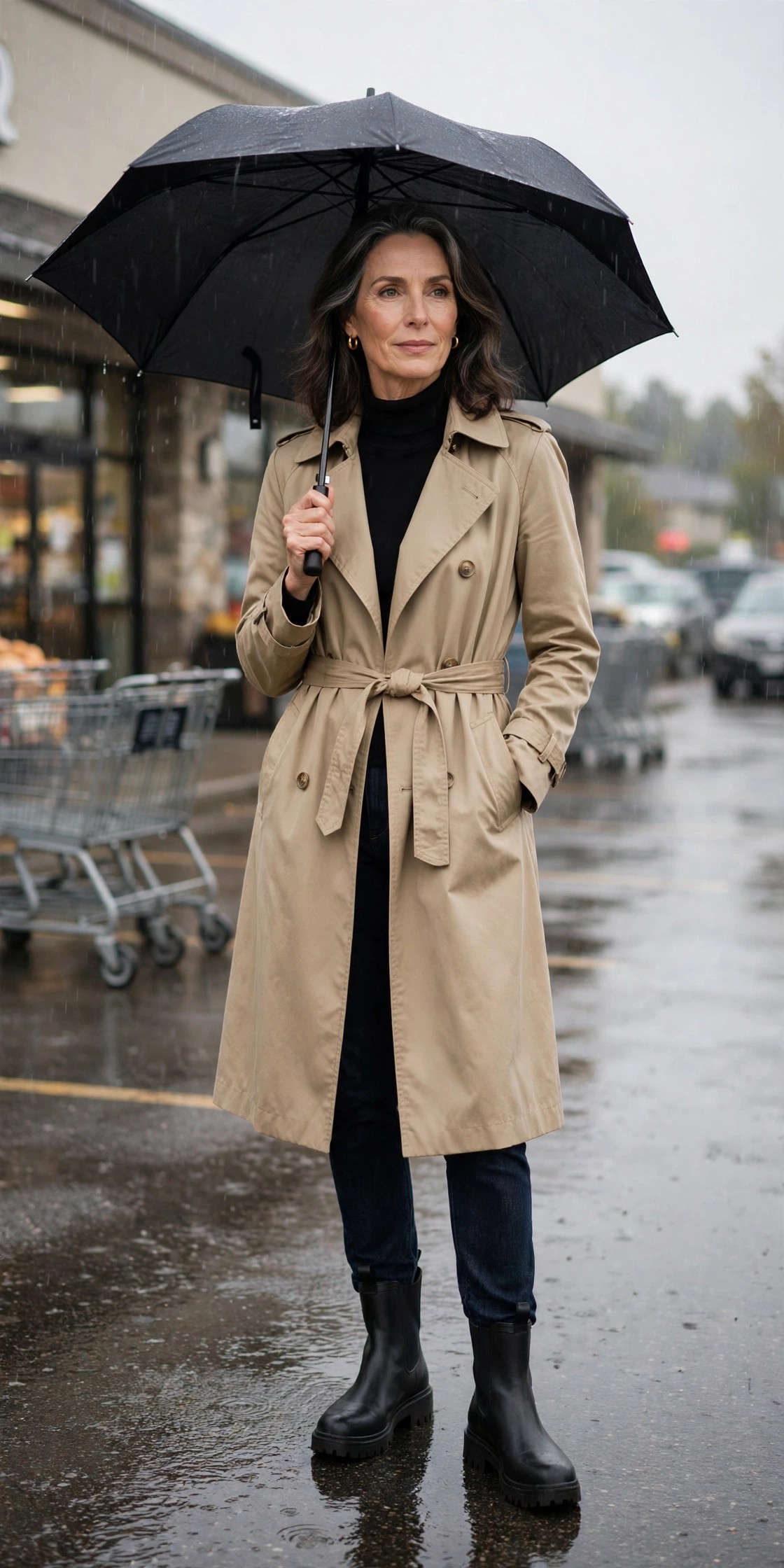 Woman over 50 wearing a khaki trench with jeans and waterproof boots in the rain
