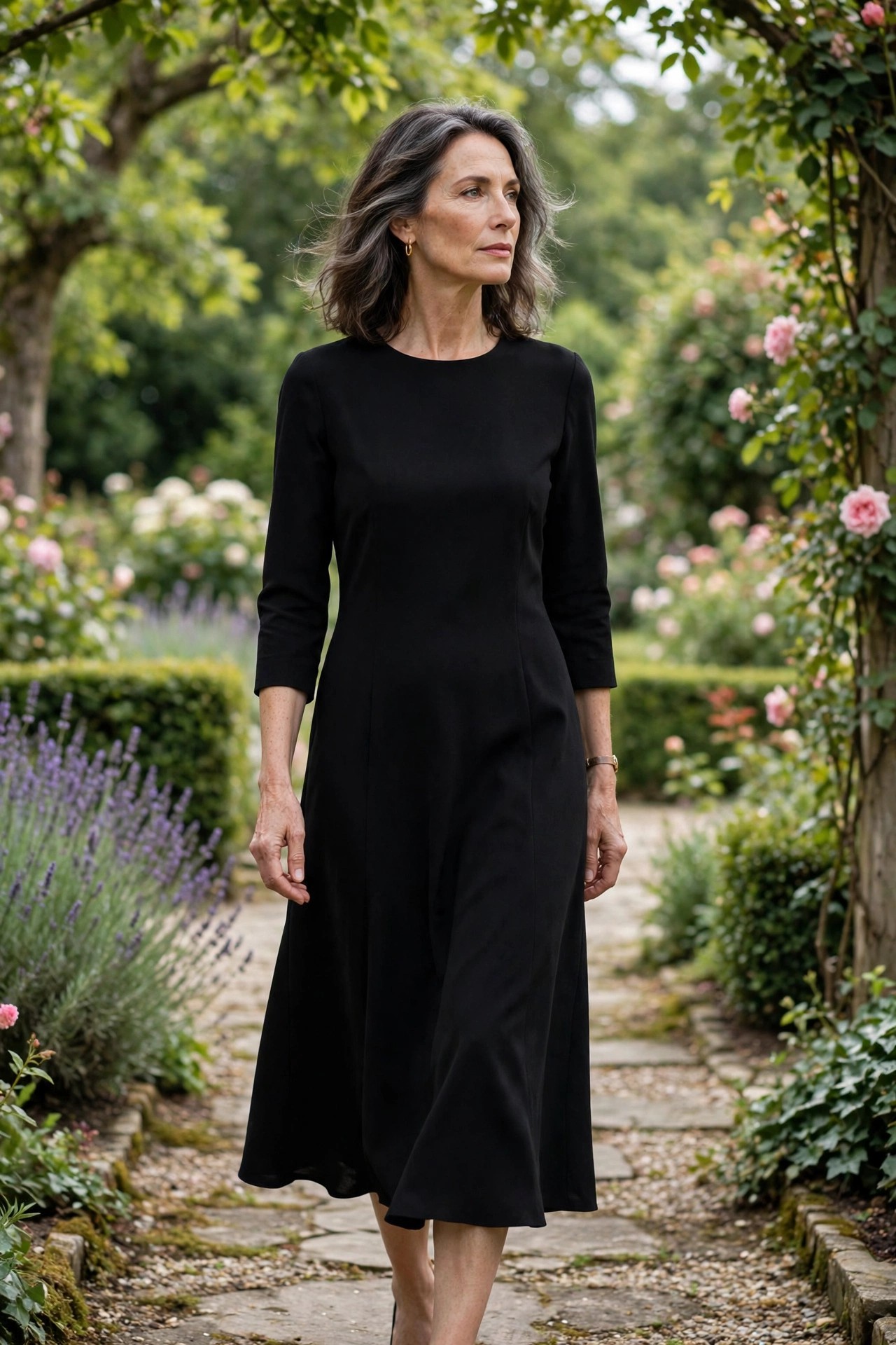 Woman over 50 in a black crepe midi dress walking in a serene garden