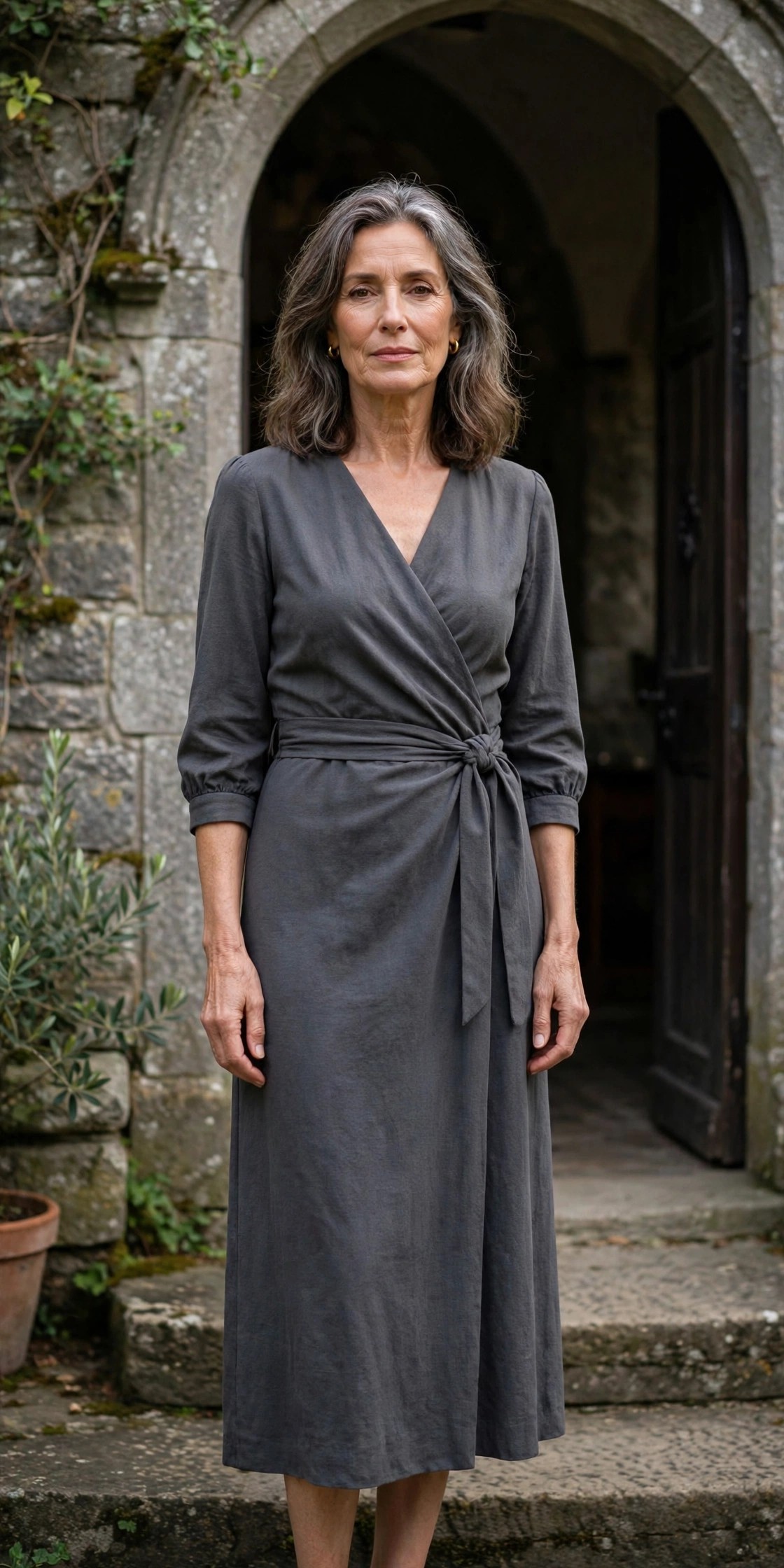 Woman over 50 wearing a charcoal wrap dress at a chapel entrance