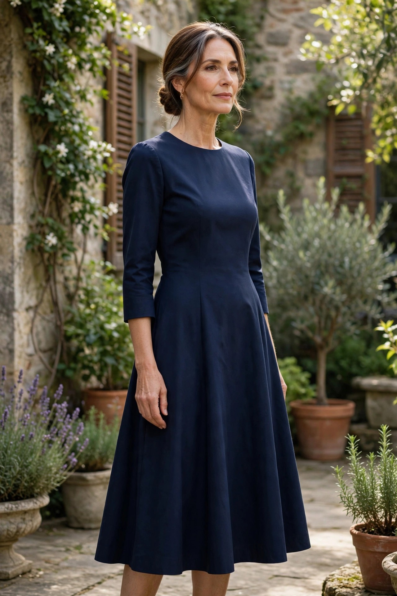 Woman over 50 in a navy A-line midi dress in a peaceful courtyard