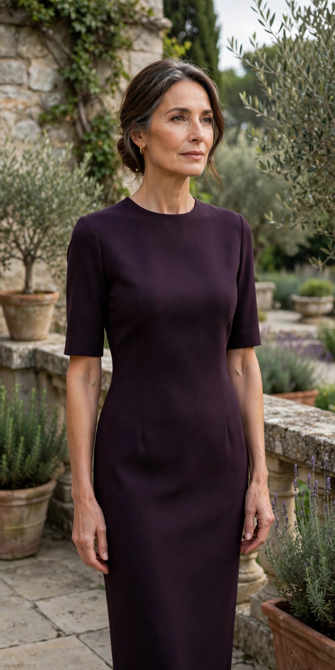 Woman over 50 wearing a dark plum sheath dress on a stone terrace