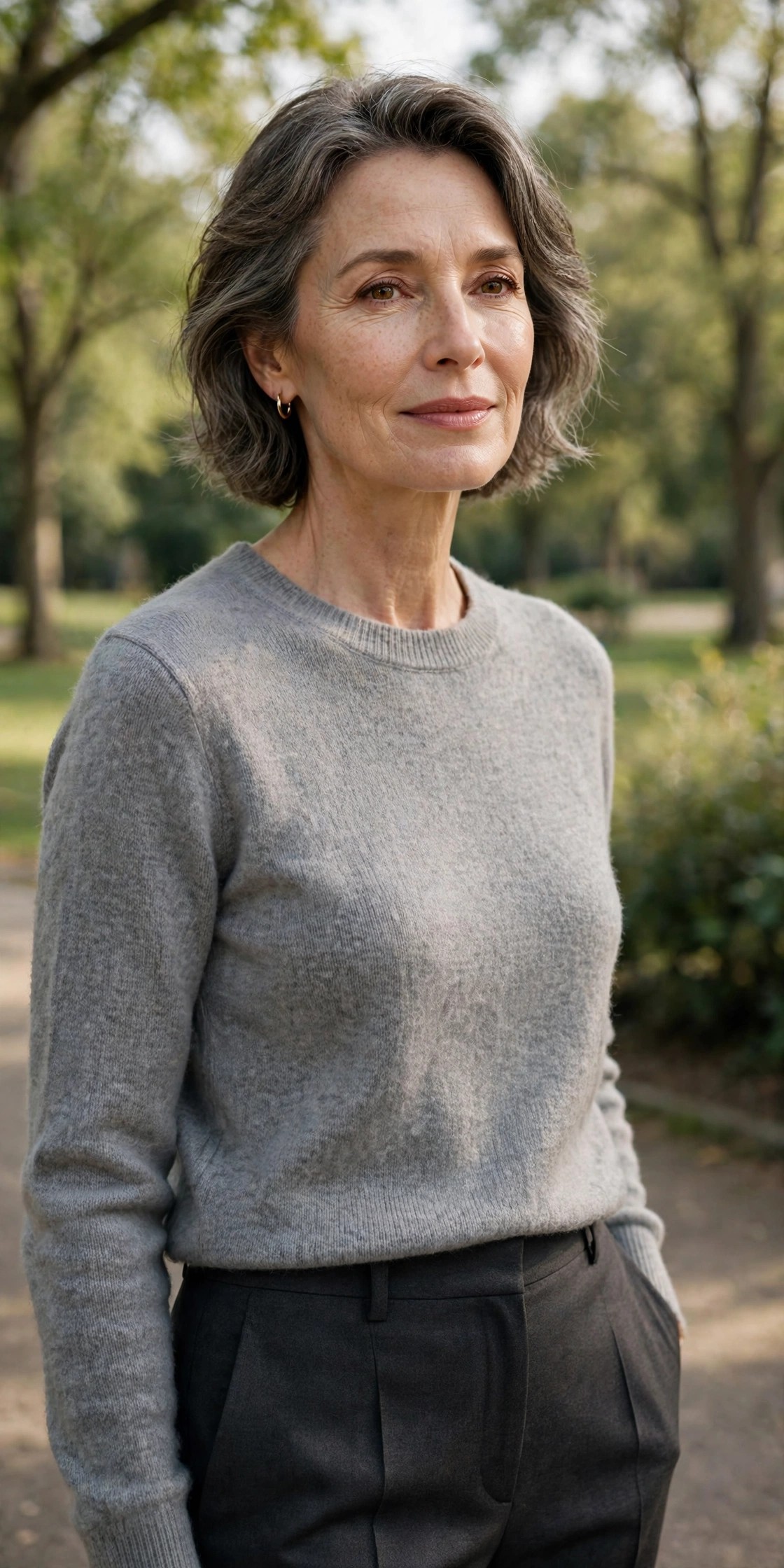Woman over 50 wearing a gray sweater with charcoal trousers