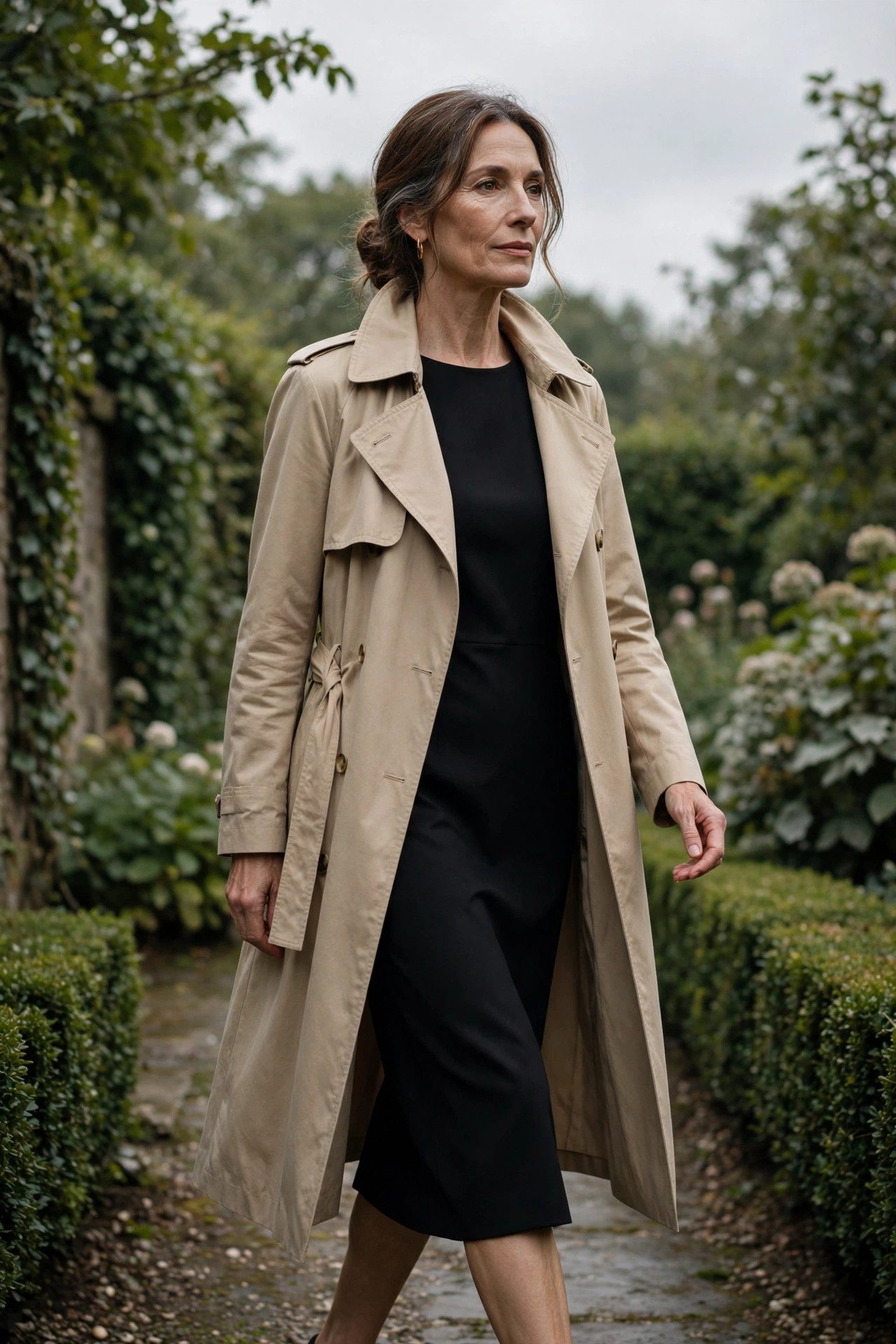 Woman over 50 in a black dress with a beige trench coat