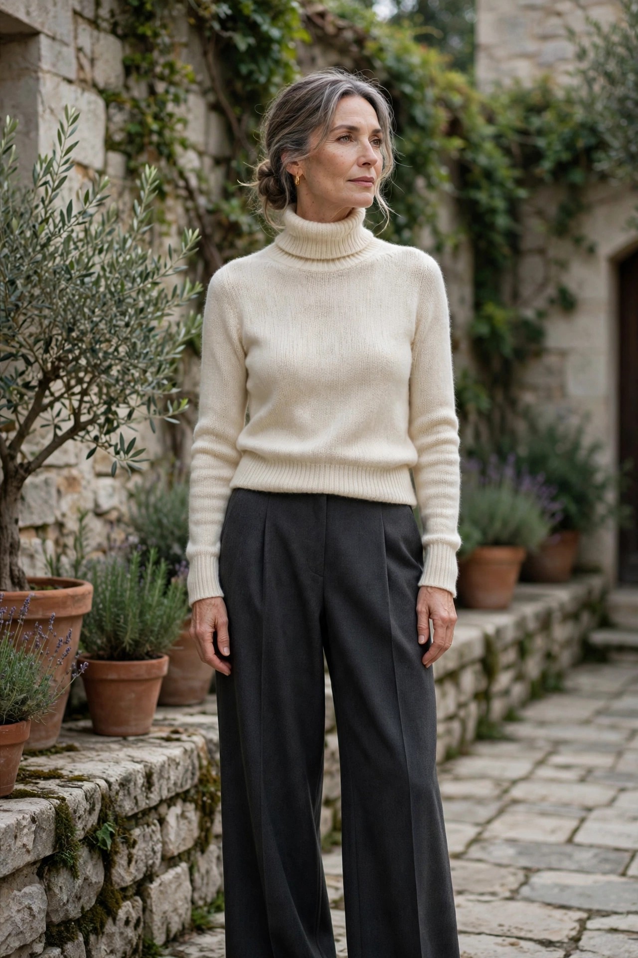 Woman over 50 wearing a cream turtleneck with charcoal wide-leg trousers