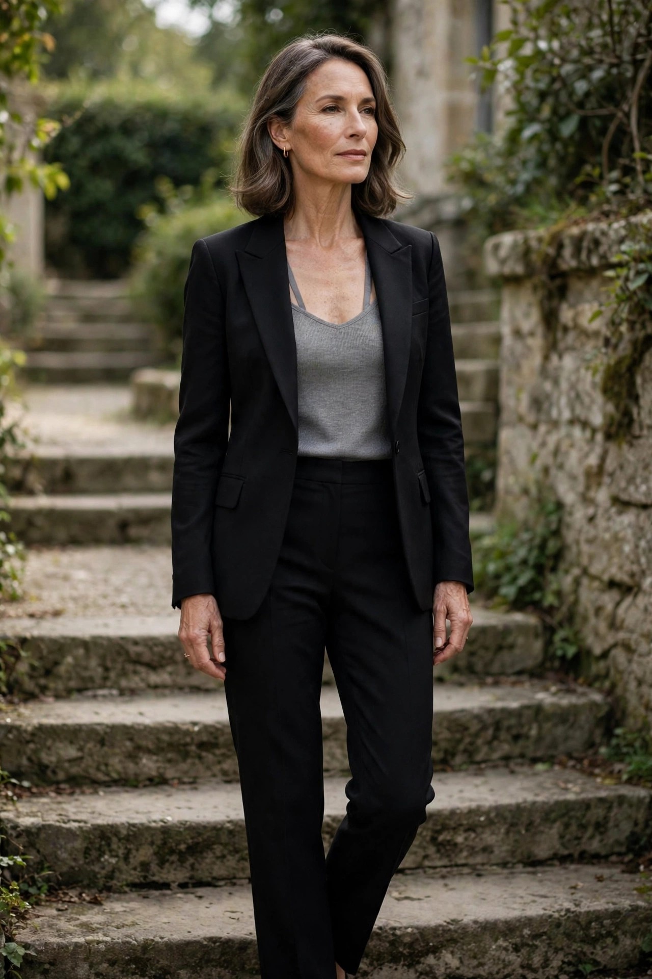 Woman over 50 in a black blazer with gray top and black trousers