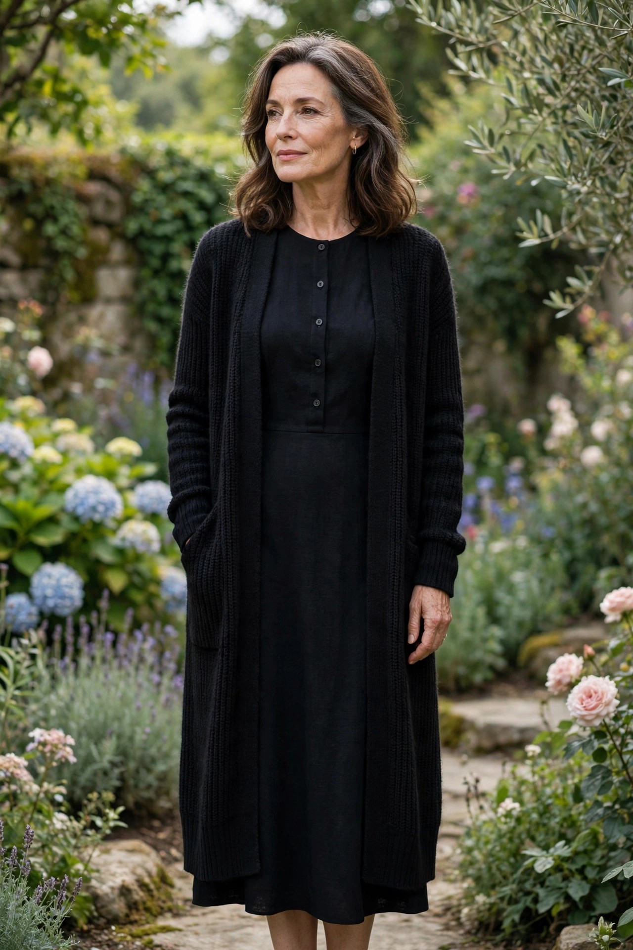 Woman over 50 wearing a dark midi dress with a long black cardigan