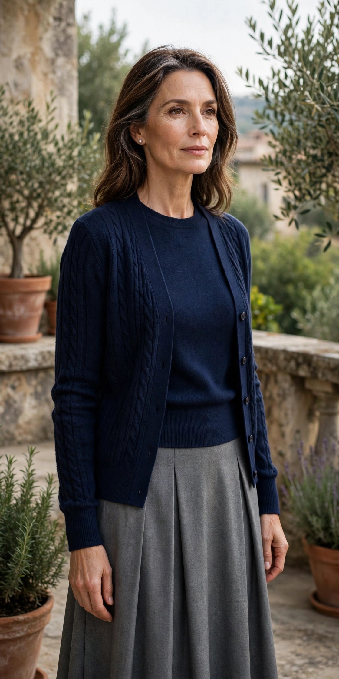 Woman over 50 in a navy twinset with a gray midi skirt