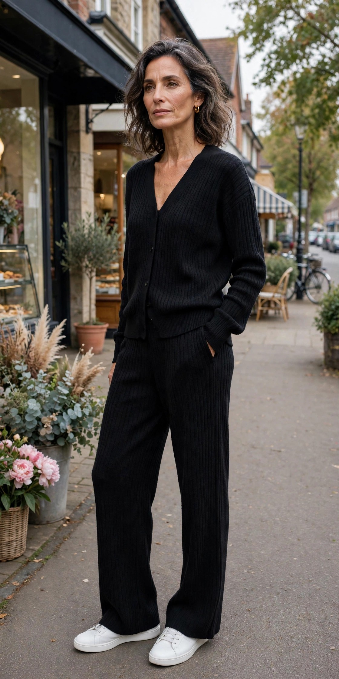 Woman over 50 in a black ribbed knit set with white sneakers