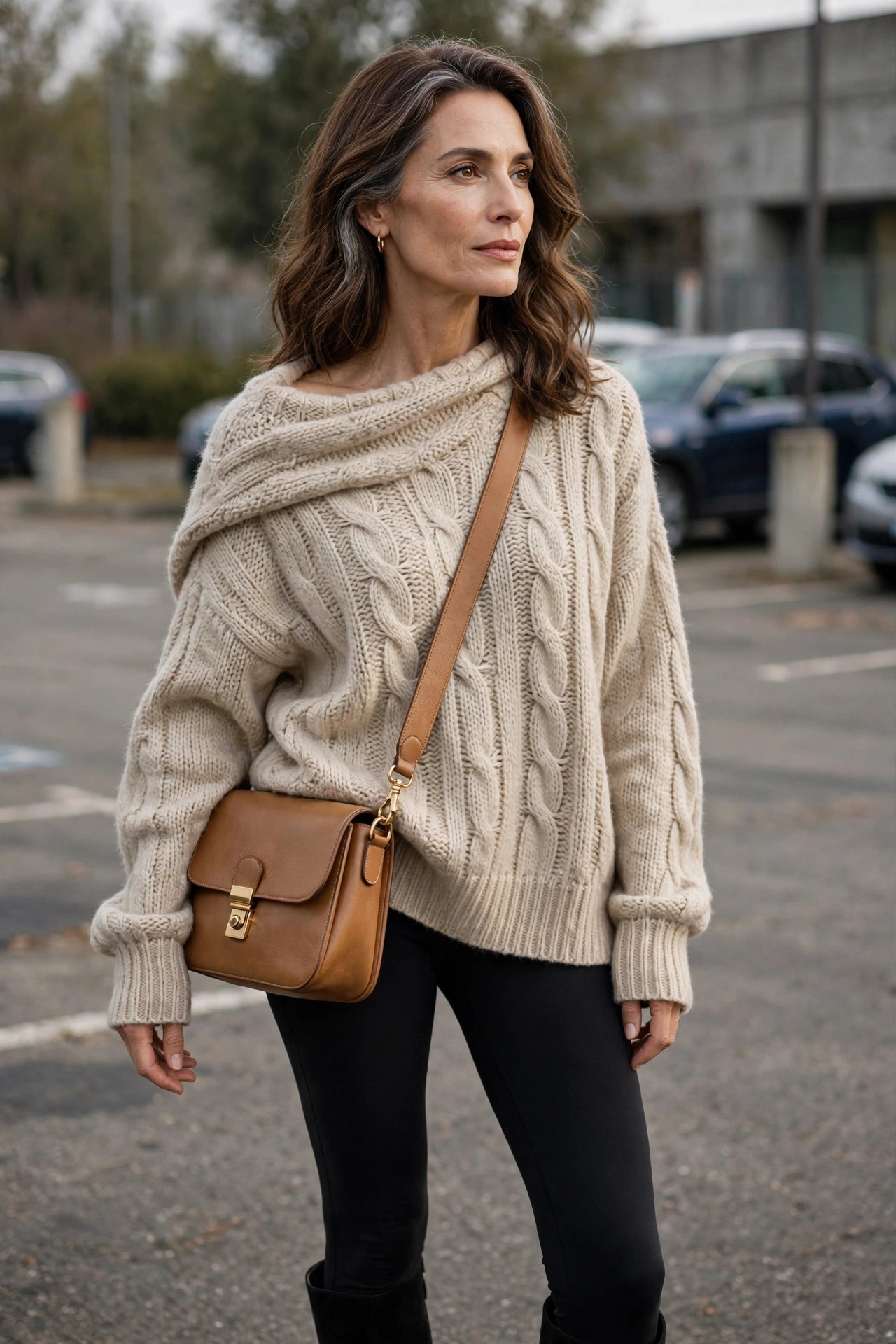 Woman over 50 wearing black ponte leggings with an oatmeal oversized sweater