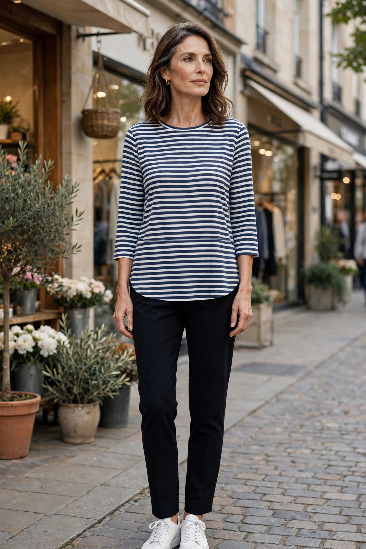 Woman over 50 wearing black ponte pants with a striped tunic and sneakers