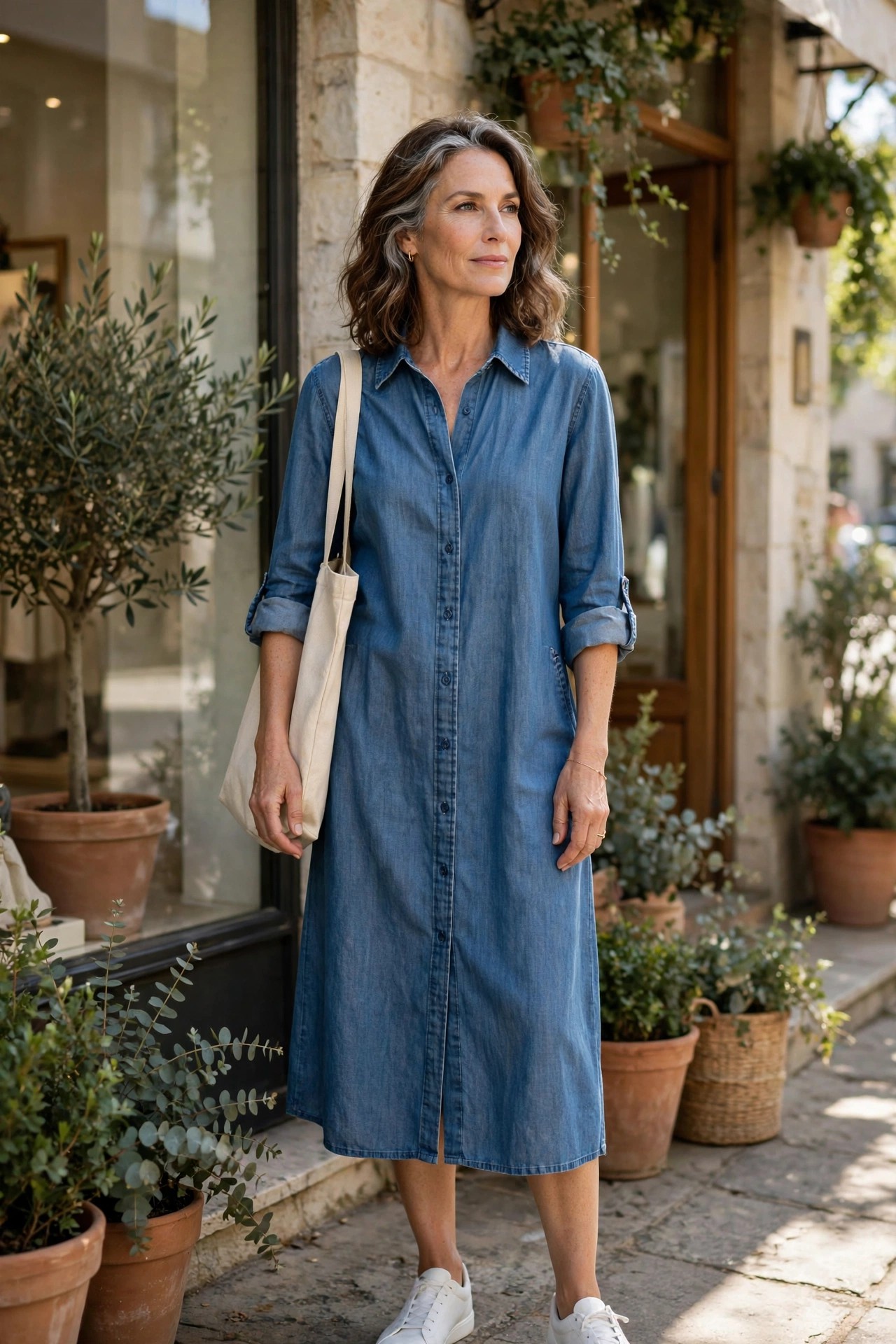 Woman over 50 in a chambray shirt dress with white sneakers