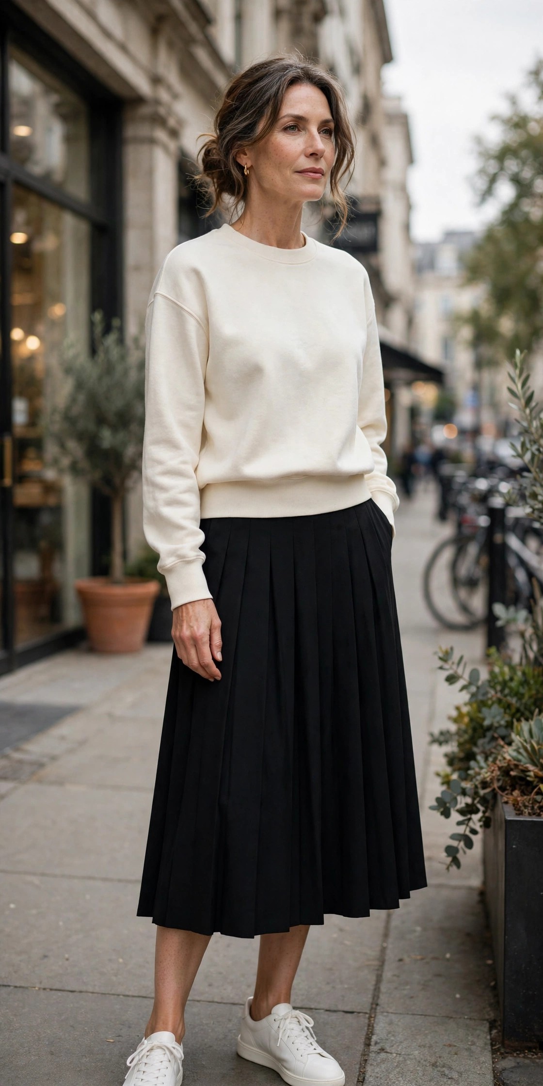 Woman over 50 wearing a black pleated midi skirt with a cream sweatshirt