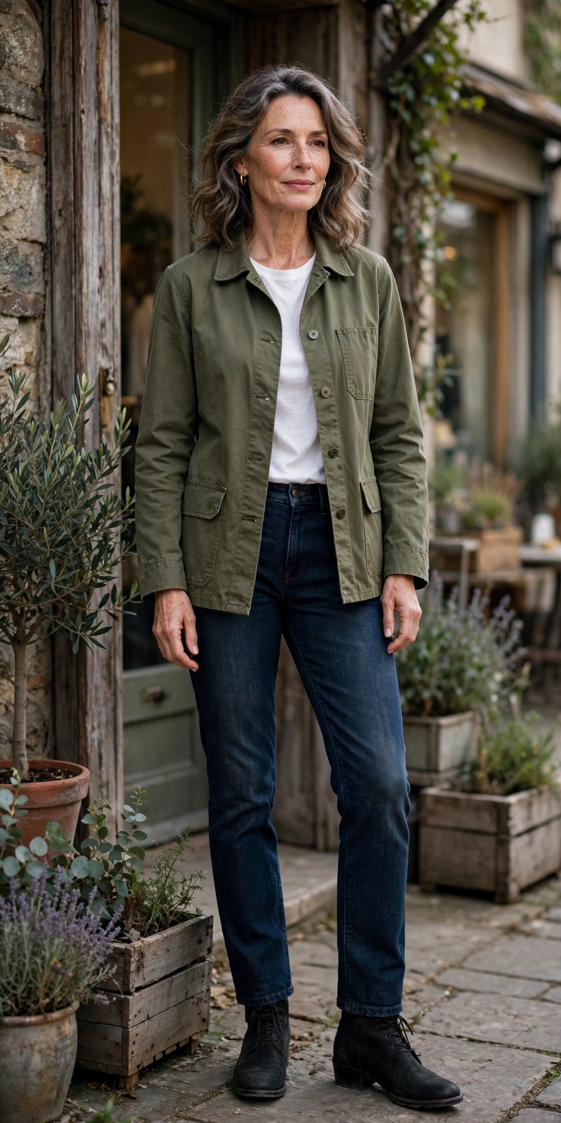 Woman over 50 in an olive barn jacket with a white tee and jeans