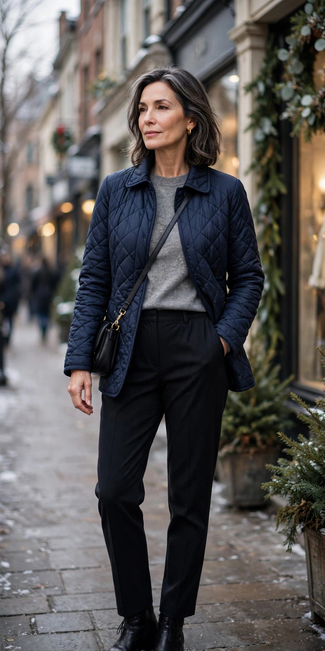 Woman over 50 wearing a navy quilted jacket with a gray sweater