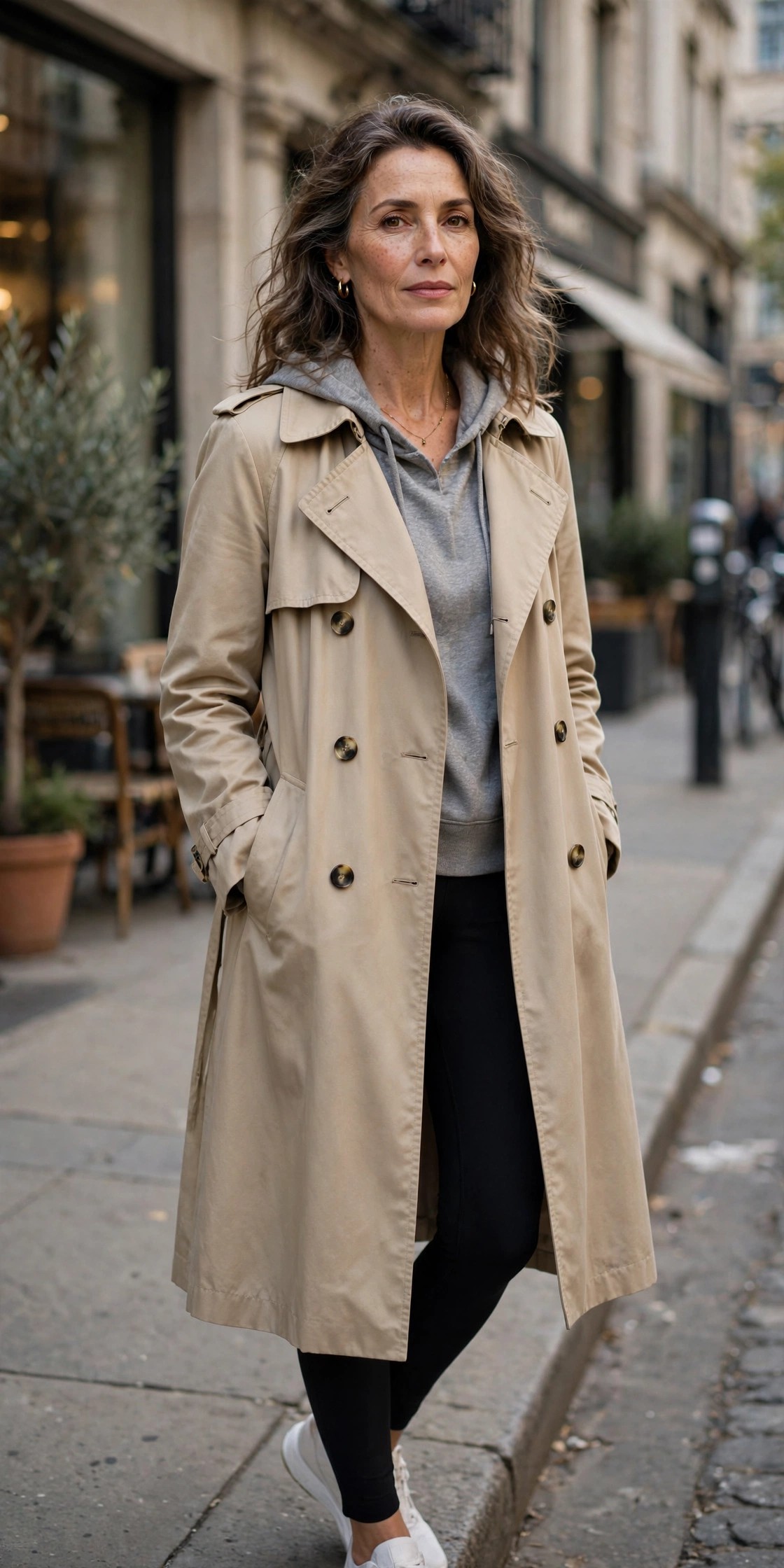 Woman over 50 in a beige trench over a gray hoodie with leggings