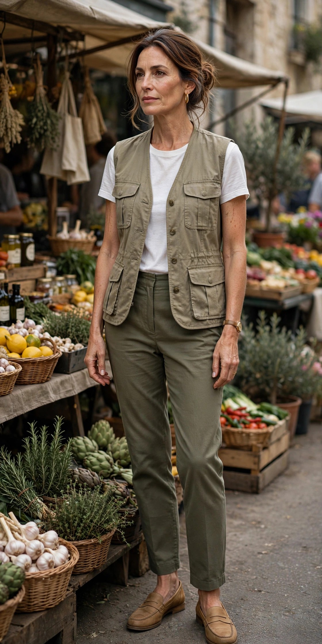 Woman over 50 wearing a khaki safari vest with a white tee and olive chinos