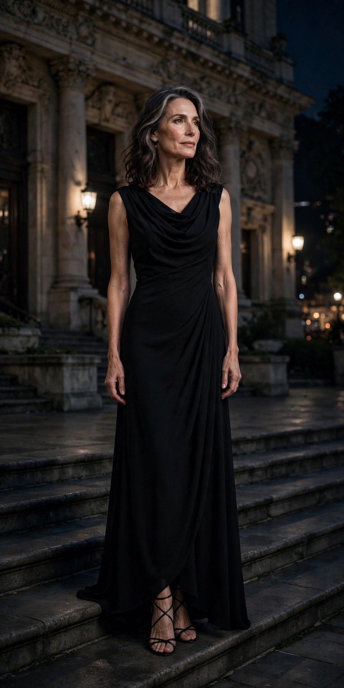 Elegant woman in her 50s wearing a black floor-length crepe gown on opera house steps