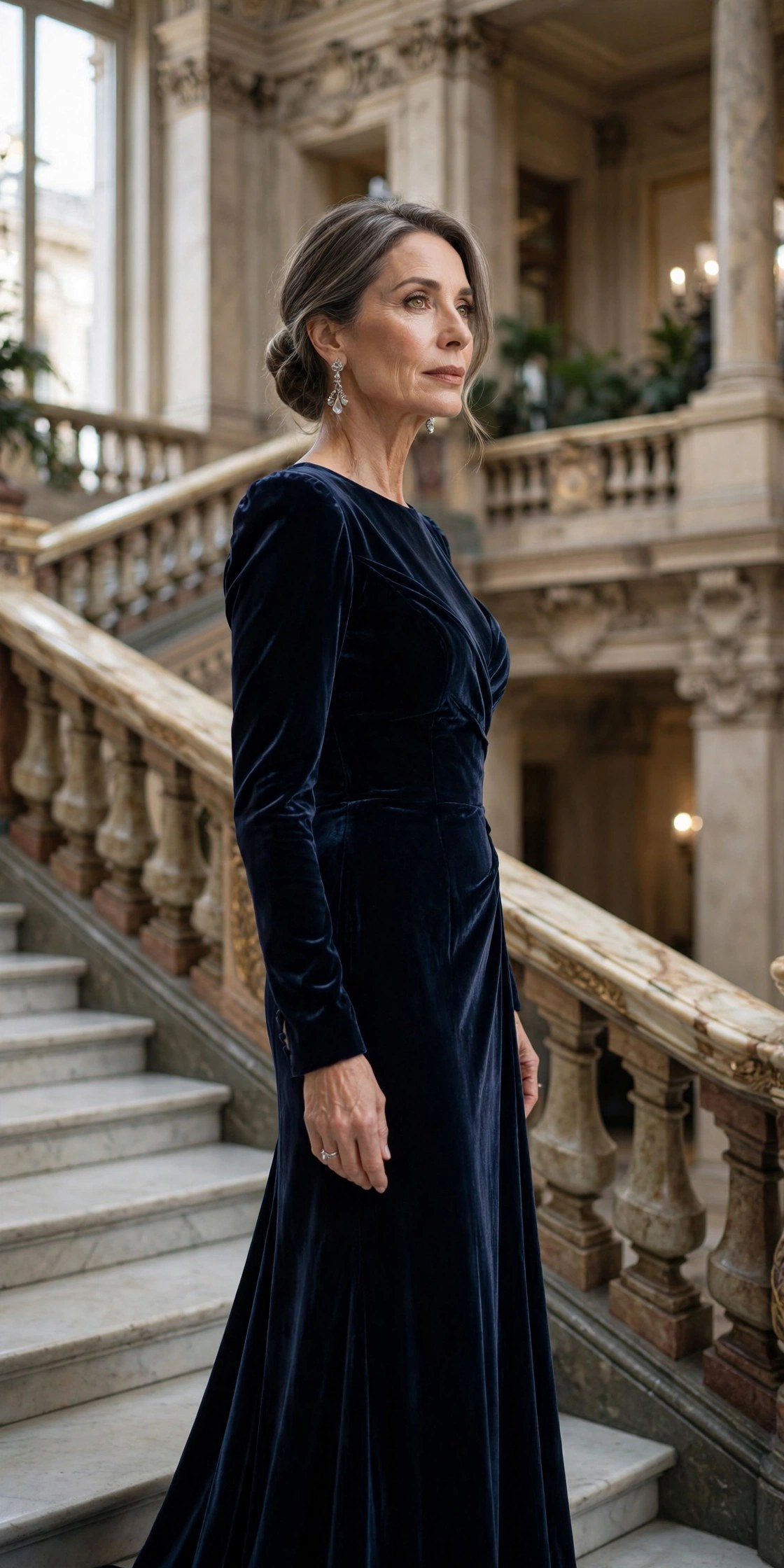 Elegant woman in her 50s wearing a midnight-blue velvet gown on a grand staircase