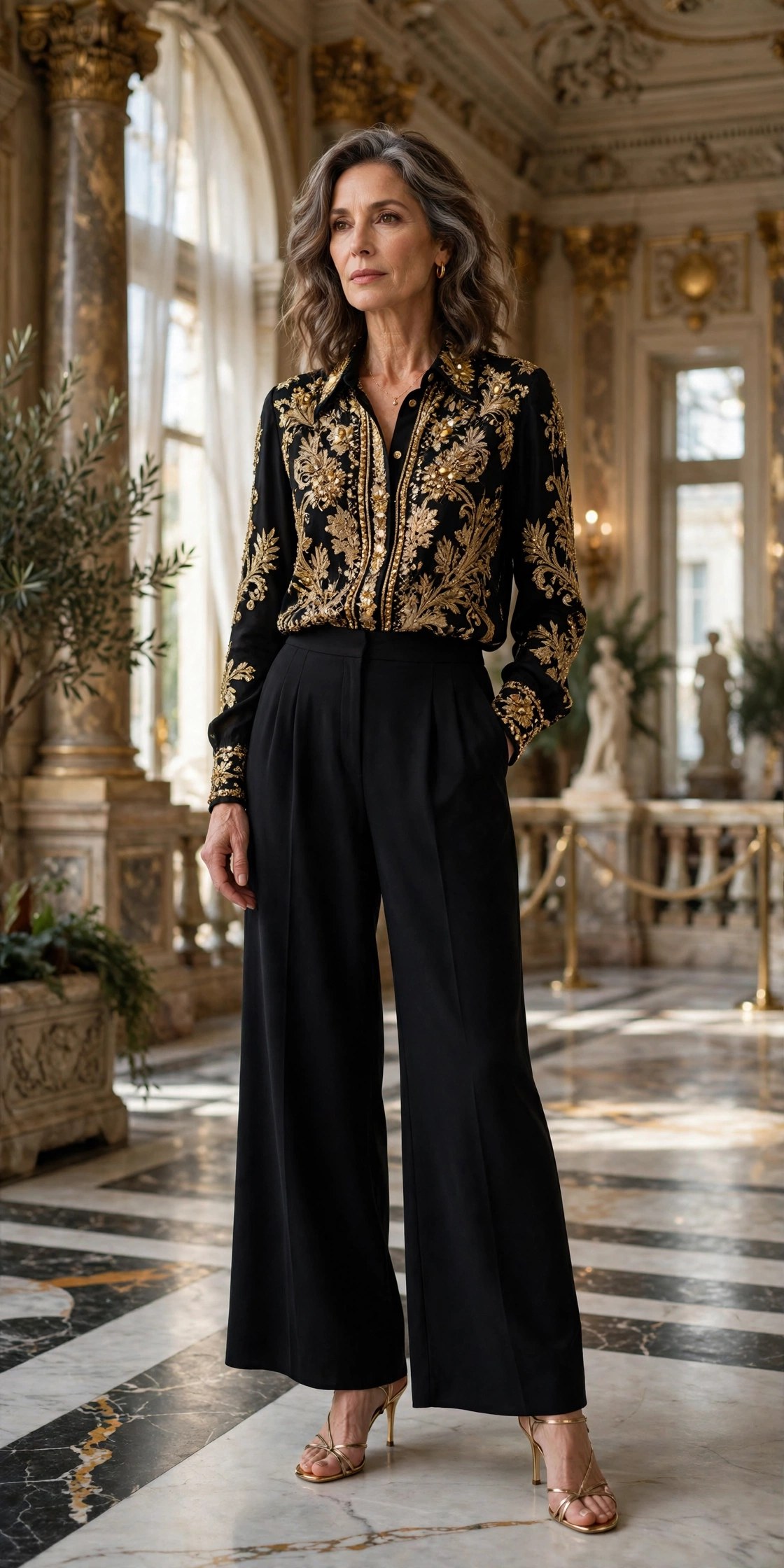 Elegant woman in her 50s wearing black palazzo pants with a gold-embellished blouse in an opera lobby