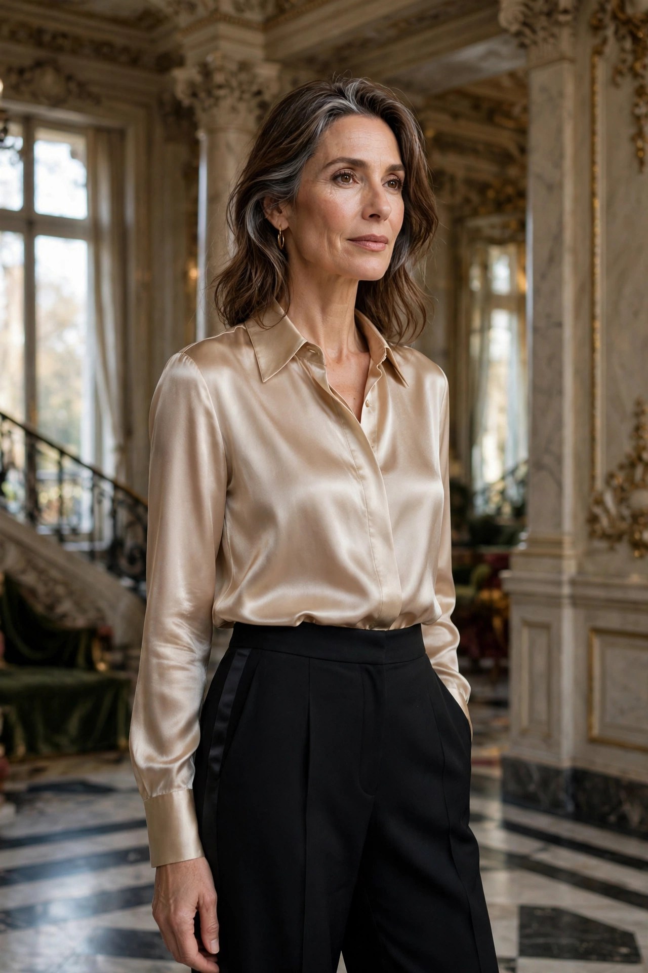 Elegant woman in her 50s wearing a champagne silk blouse with black tuxedo trousers in an opera foyer