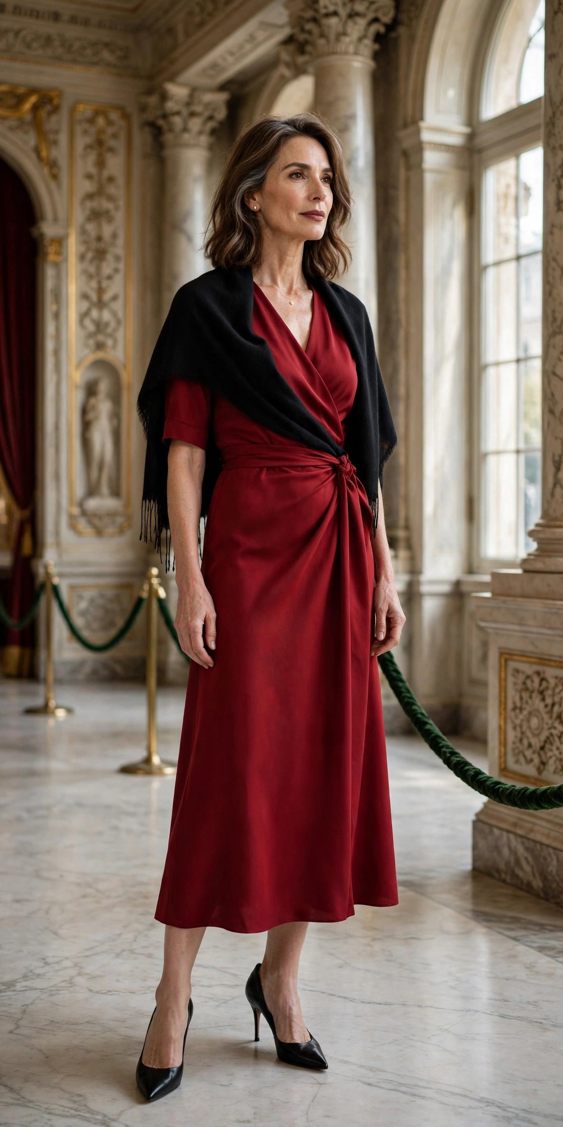 Elegant woman in her 50s wearing a deep-red midi wrap dress with a black shawl in an opera lobby
