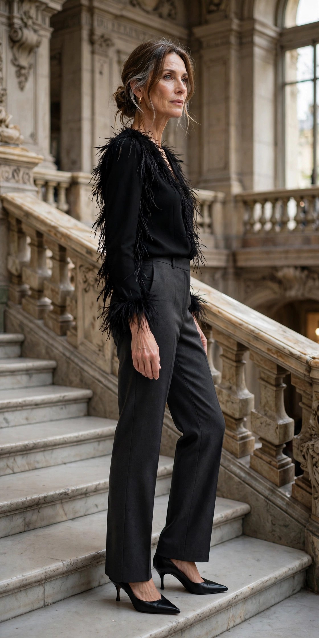 Elegant woman in her 50s wearing a black feather-trim top with tailored trousers on opera stairs