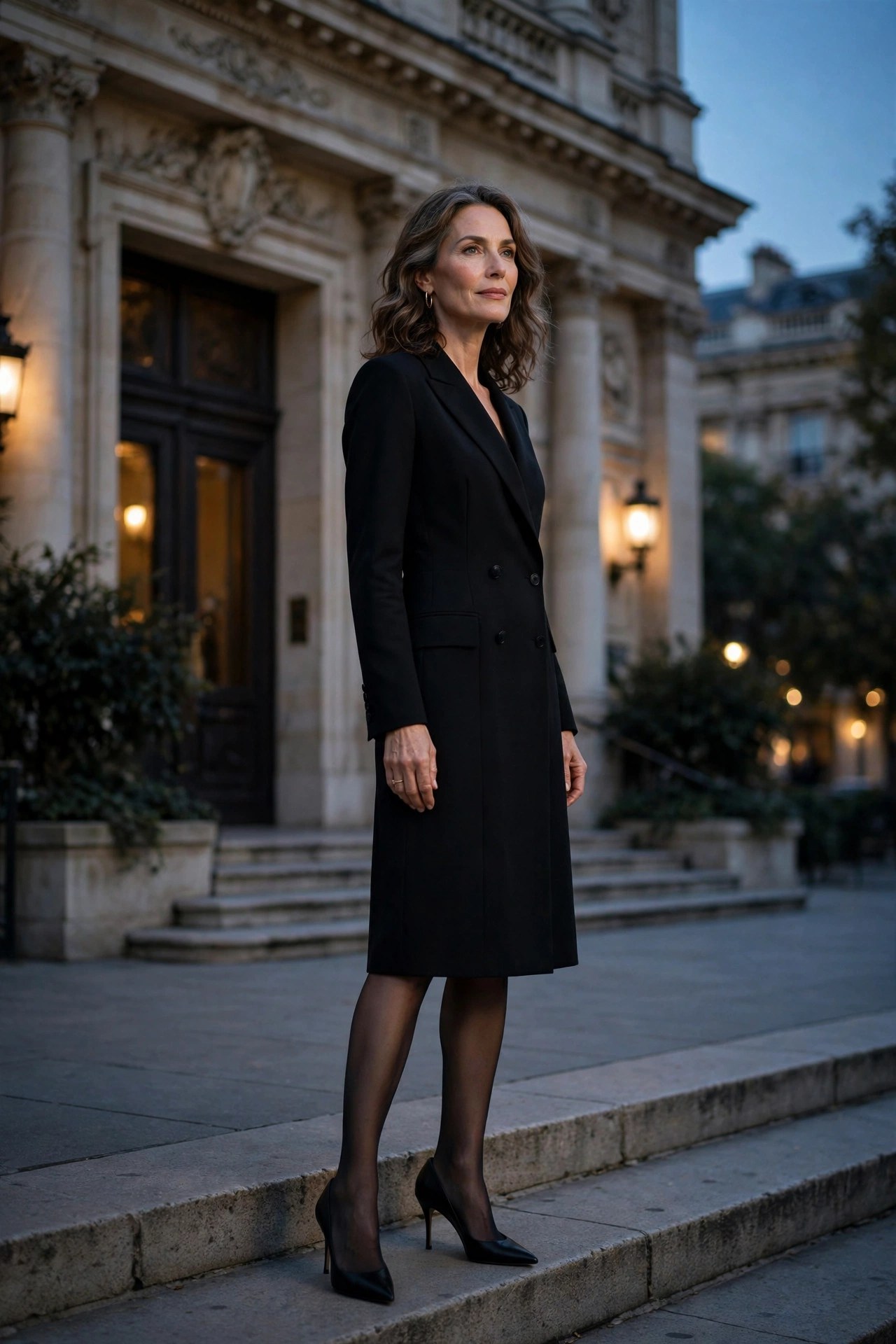 Elegant woman in her 50s wearing a black longline blazer dress at an opera entrance
