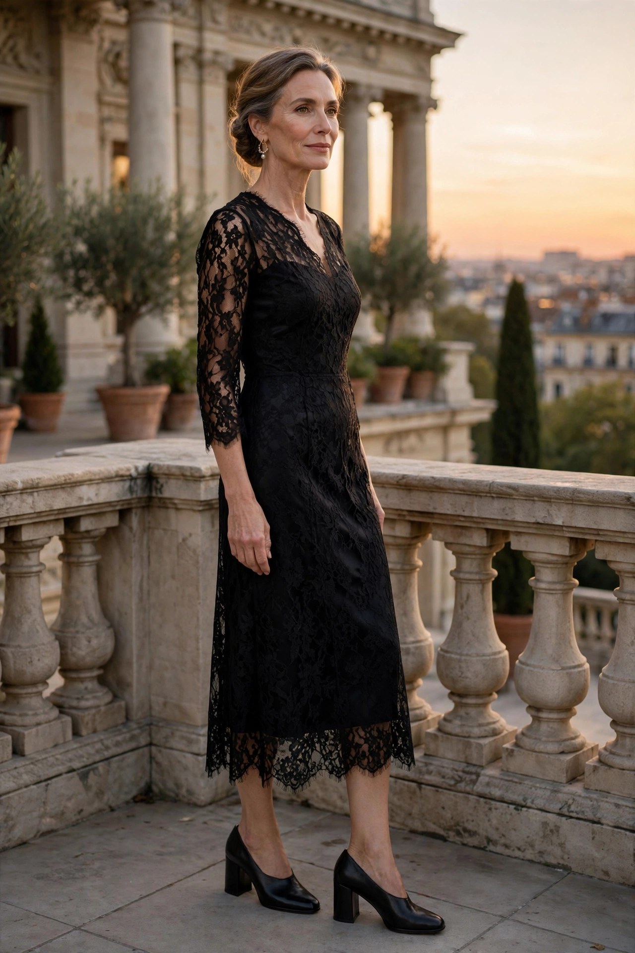 Elegant woman in her 50s wearing a black lace midi dress with block heels on an outdoor terrace