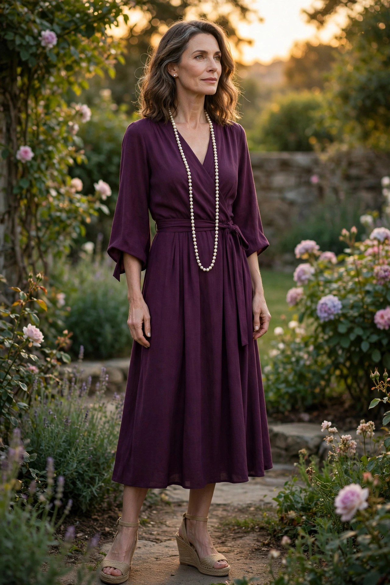 Elegant woman in her 50s wearing a plum wrap midi dress with pearls in a garden