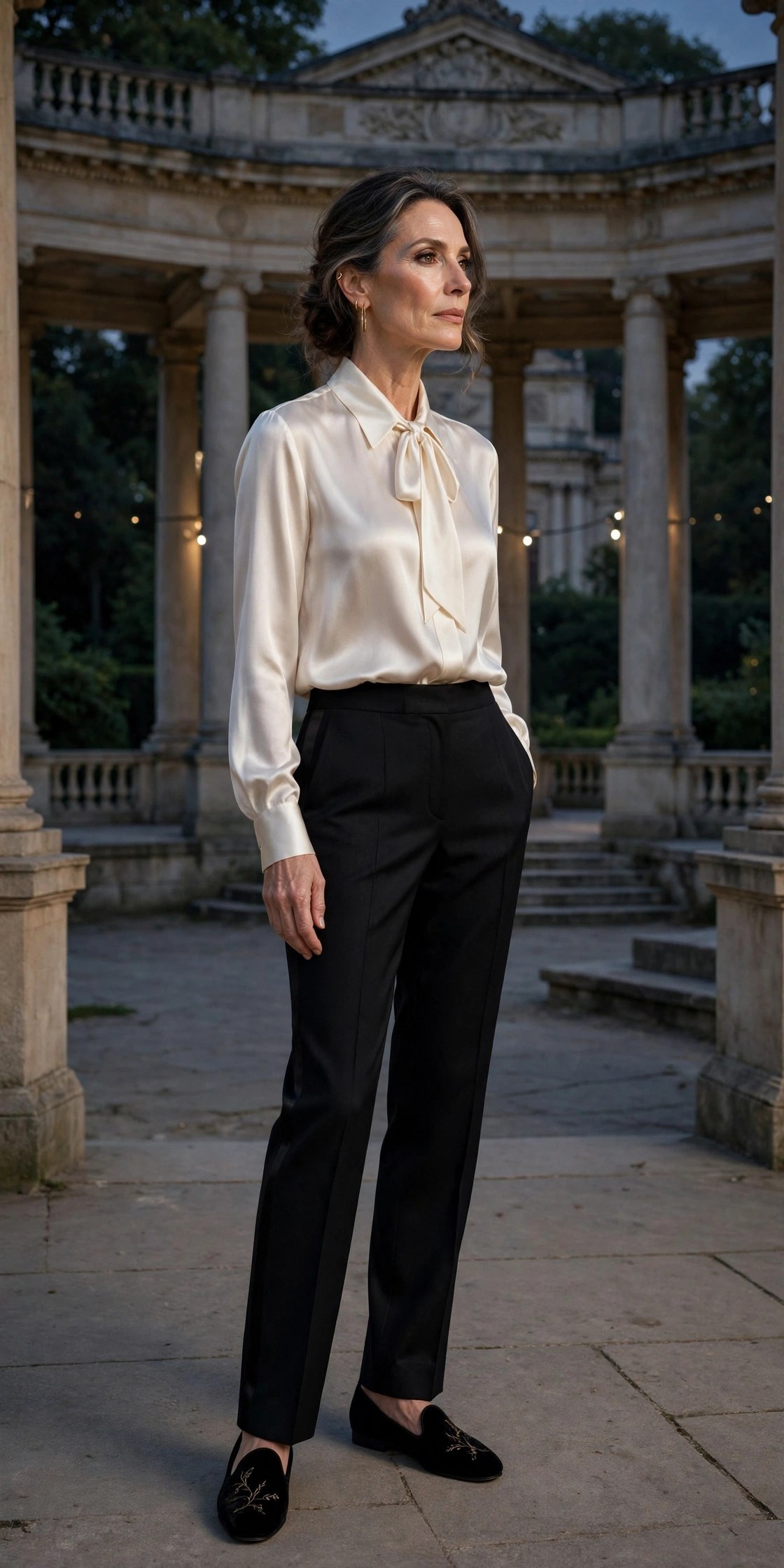 Elegant woman in her 50s wearing an ivory silk blouse with black tuxedo trousers at an outdoor pavilion