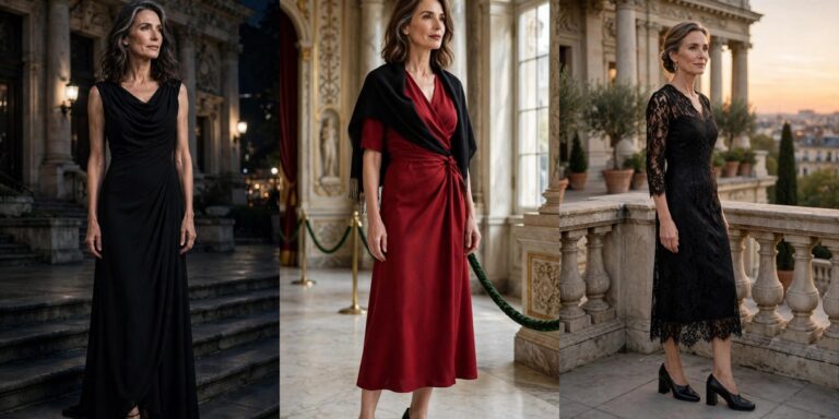 Elegant opera outfits for women over 50: black gown, red midi dress, lace dress