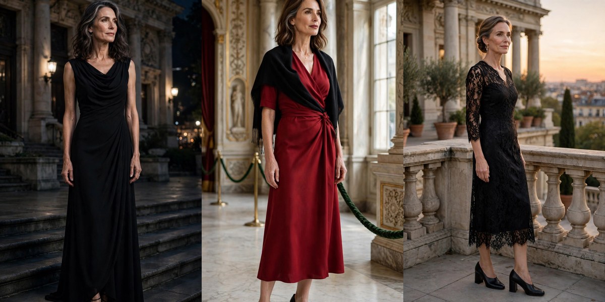 Elegant opera outfits for women over 50: black gown, red midi dress, lace dress
