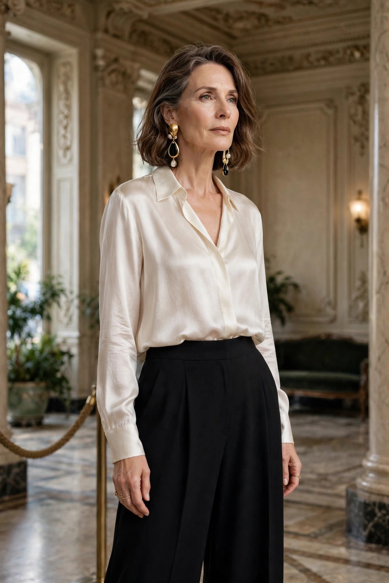 Elegant woman in her 50s wearing an ivory silk blouse with black wide-leg trousers in a theater lobby