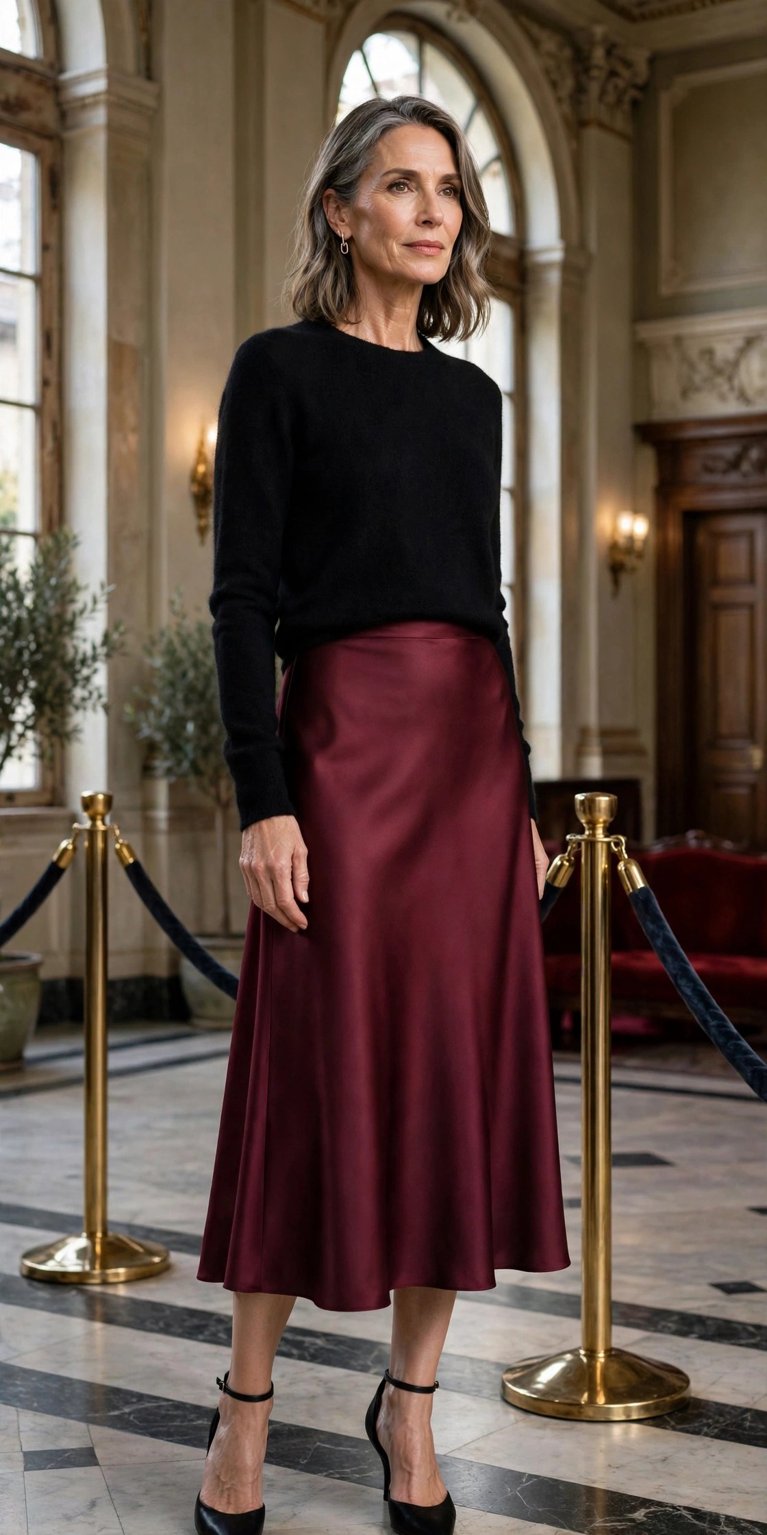 Elegant woman in her 50s wearing a burgundy satin midi skirt with a black cashmere sweater in a theater foyer