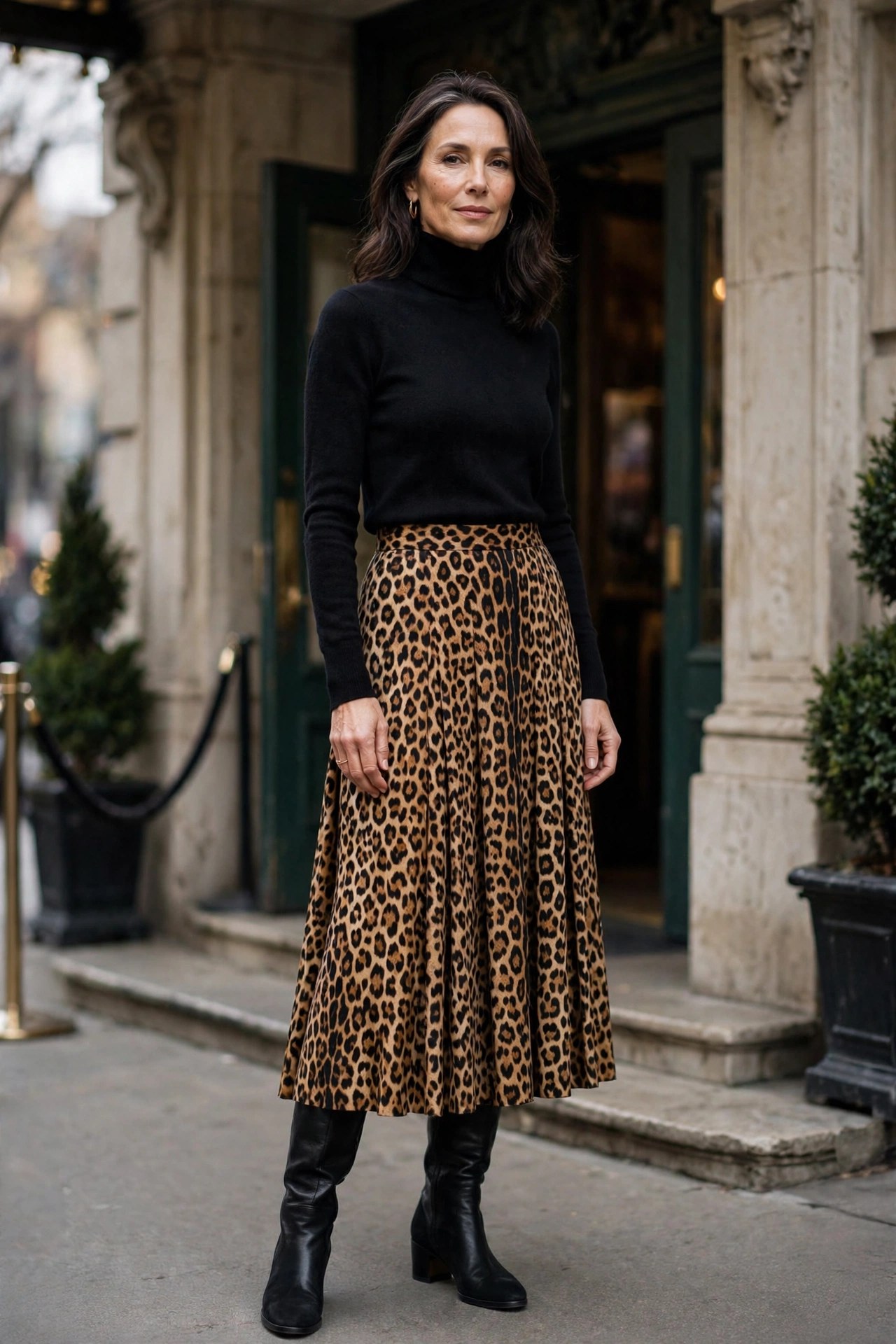 Elegant woman in her 50s wearing a leopard-print midi skirt with a black turtleneck at a theater entrance