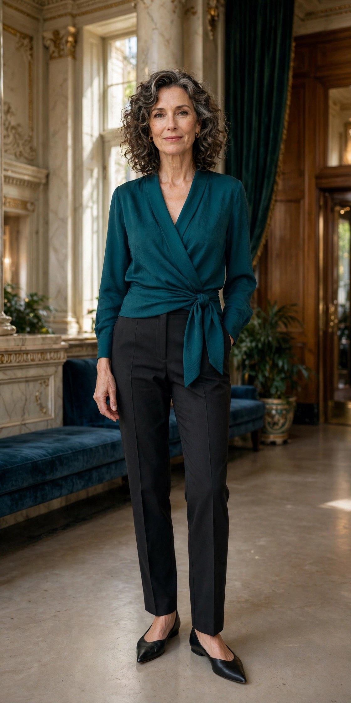 Elegant woman in her 50s wearing a teal wrap blouse with dark tailored trousers in a theater lobby